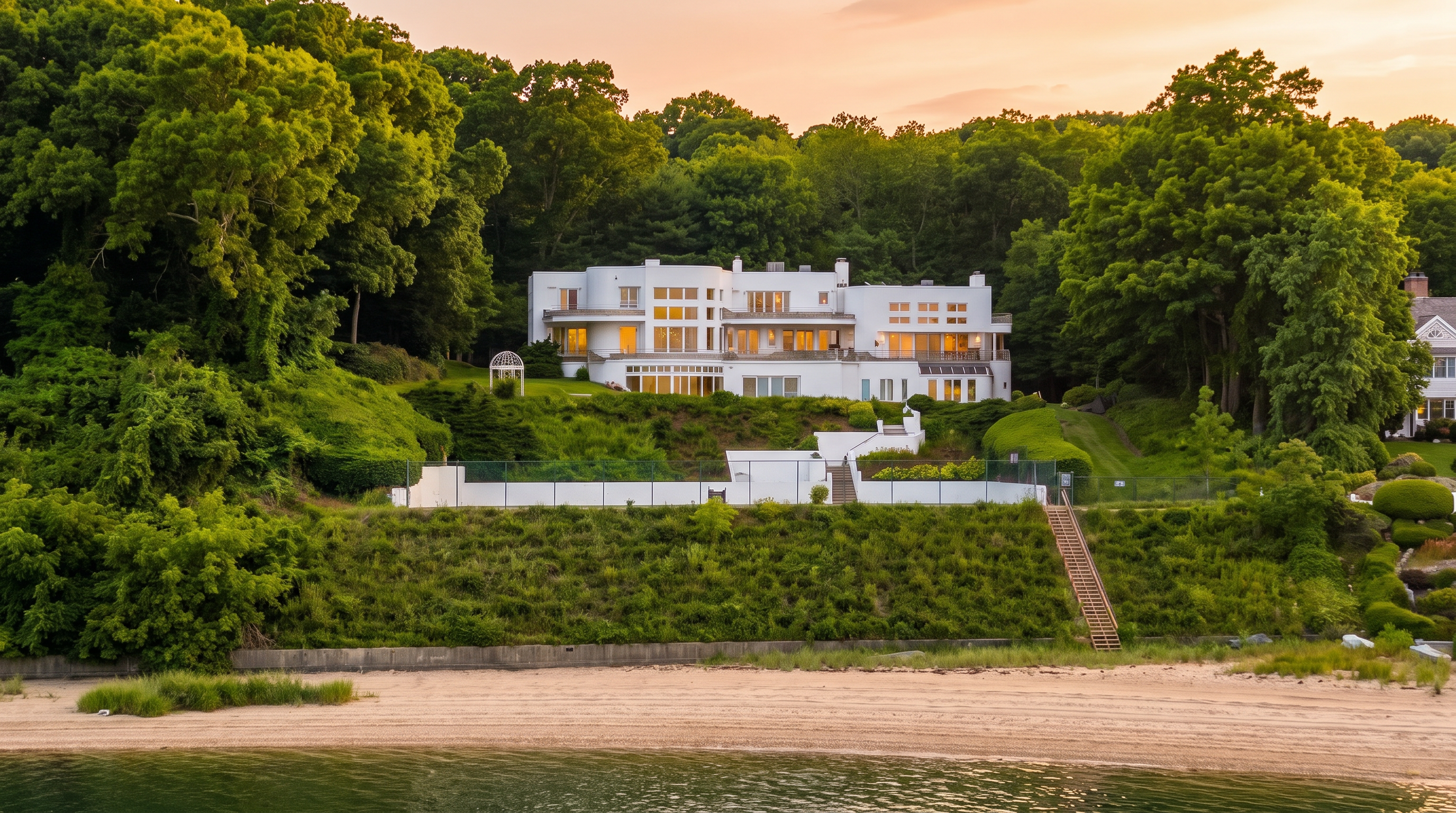 This striking, multi-level modern residence occupies a prime waterfront position, set against a backdrop of dense greenery. The exterior features a distinctive curved facade, extensive floor-to-ceiling windows, and multiple terraces that maximize stunning water views. The property includes a private stairway leading directly to a sandy beach, seamlessly blending luxurious architectural design with a natural, peaceful environment.
