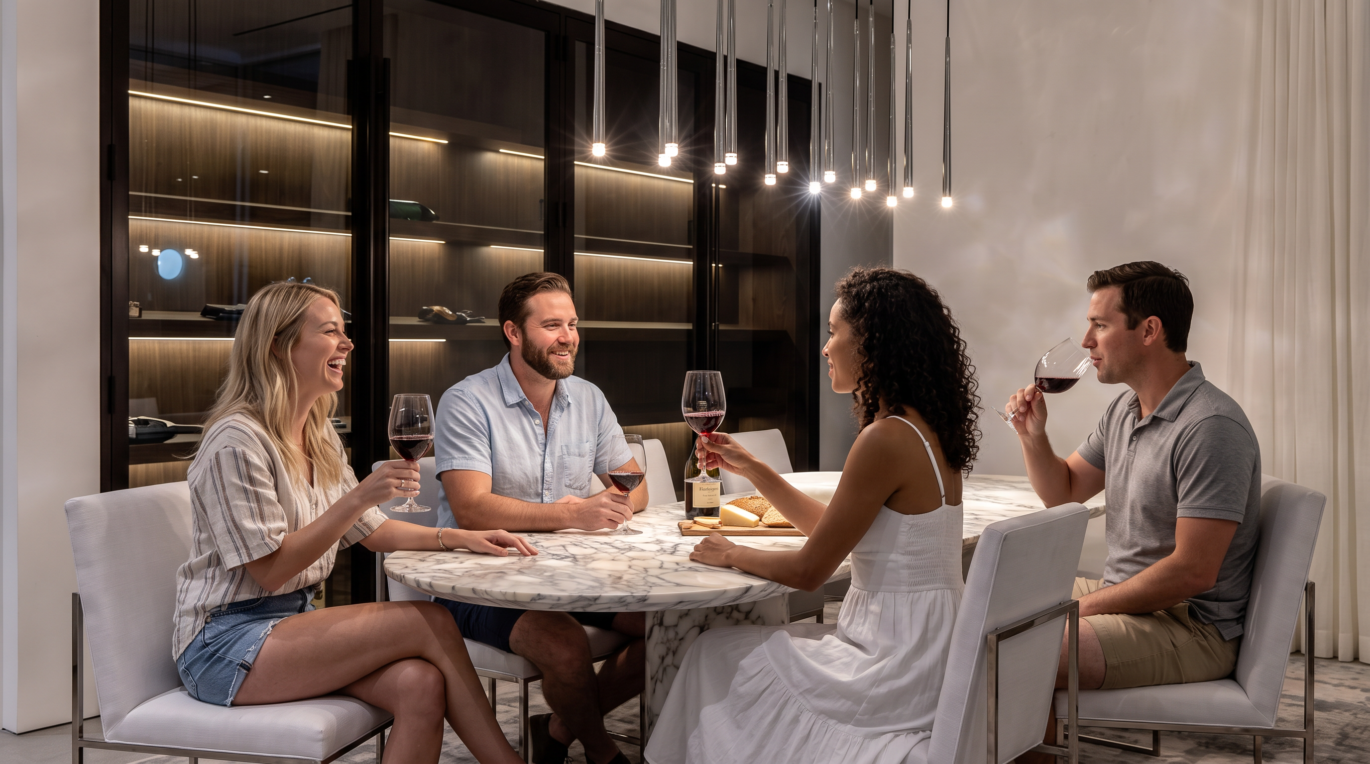 This sophisticated dining room features a large oval stone table surrounded by six modern chairs with metallic frames. A striking linear pendant light fixture hangs above the table, while a dark-framed glass display cabinet provides a dramatic backdrop for decor. The space is finished with neutral walls, a textured area rug, and large windows that allow natural light to fill the room.