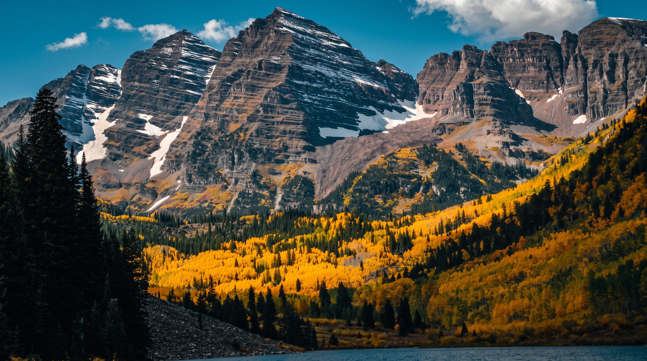 This image captures a breathtaking landscape view of the Maroon Bells mountain peaks reflected near a serene body of water. The foreground displays a rich, vibrant forest during peak autumn foliage, characterized by striking golden-yellow aspen trees and deep green conifers. This natural scene evokes a sense of tranquility and provides a majestic backdrop often associated with high-end, scenic real estate locations in mountain resort areas.
