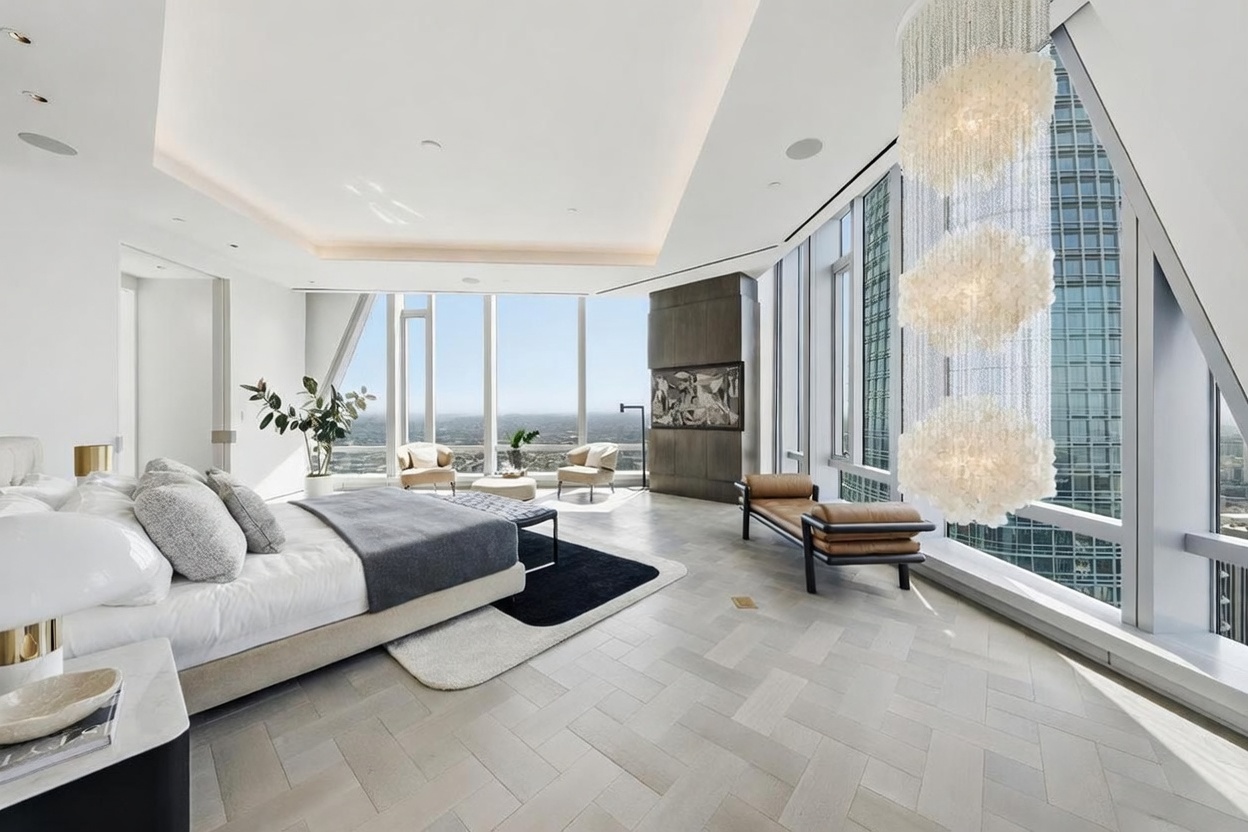 This expansive primary bedroom features a contemporary design with light-toned herringbone wood flooring and a neutral color palette. The room is anchored by a large bed with a textured headboard and is illuminated by a striking, multi-tiered chandelier hanging near the expansive glass walls that offer panoramic city views. A leather bench sits near the windows, while a dark, full-height surround fireplace adds a sophisticated focal point to the open-concept space.