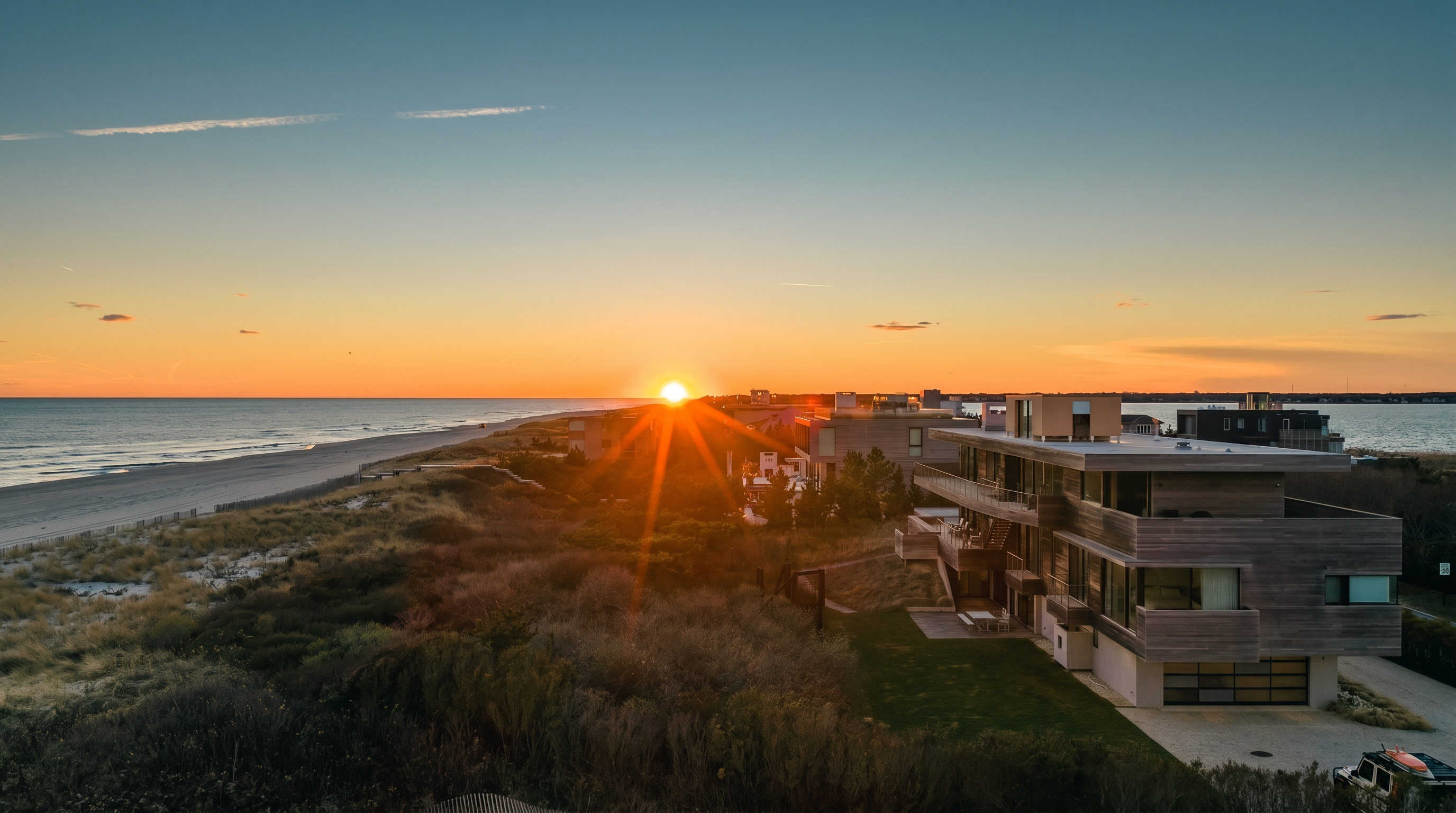 This stunning aerial perspective captures a modern, multi-level coastal residence at sunset, situated along a pristine beach. The home features clean, horizontal lines, extensive wood siding, and large windows that reflect the warm golden hour light. The composition highlights the property's prime location, nestled between the dunes and the ocean, offering a serene and luxurious atmosphere.