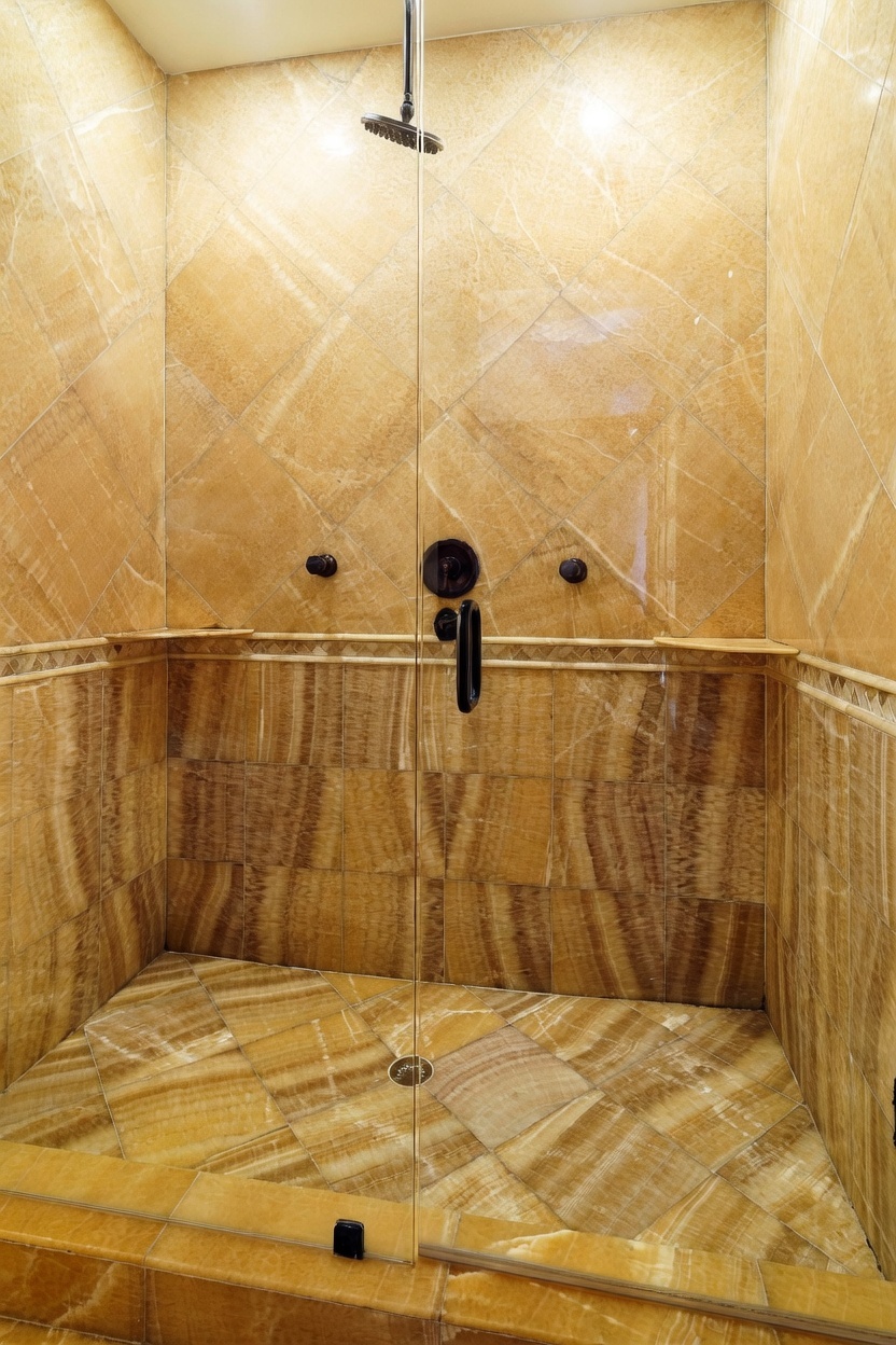 This shower enclosure features warm-toned, veined stone tile throughout the walls and floor, creating a cohesive and luxurious aesthetic. The space is equipped with a rainfall showerhead, a handheld sprayer, and a central control valve, all finished in a dark, contrasting metal. A glass door provides a clear view into the shower, which also includes built-in corner shelving for storage.