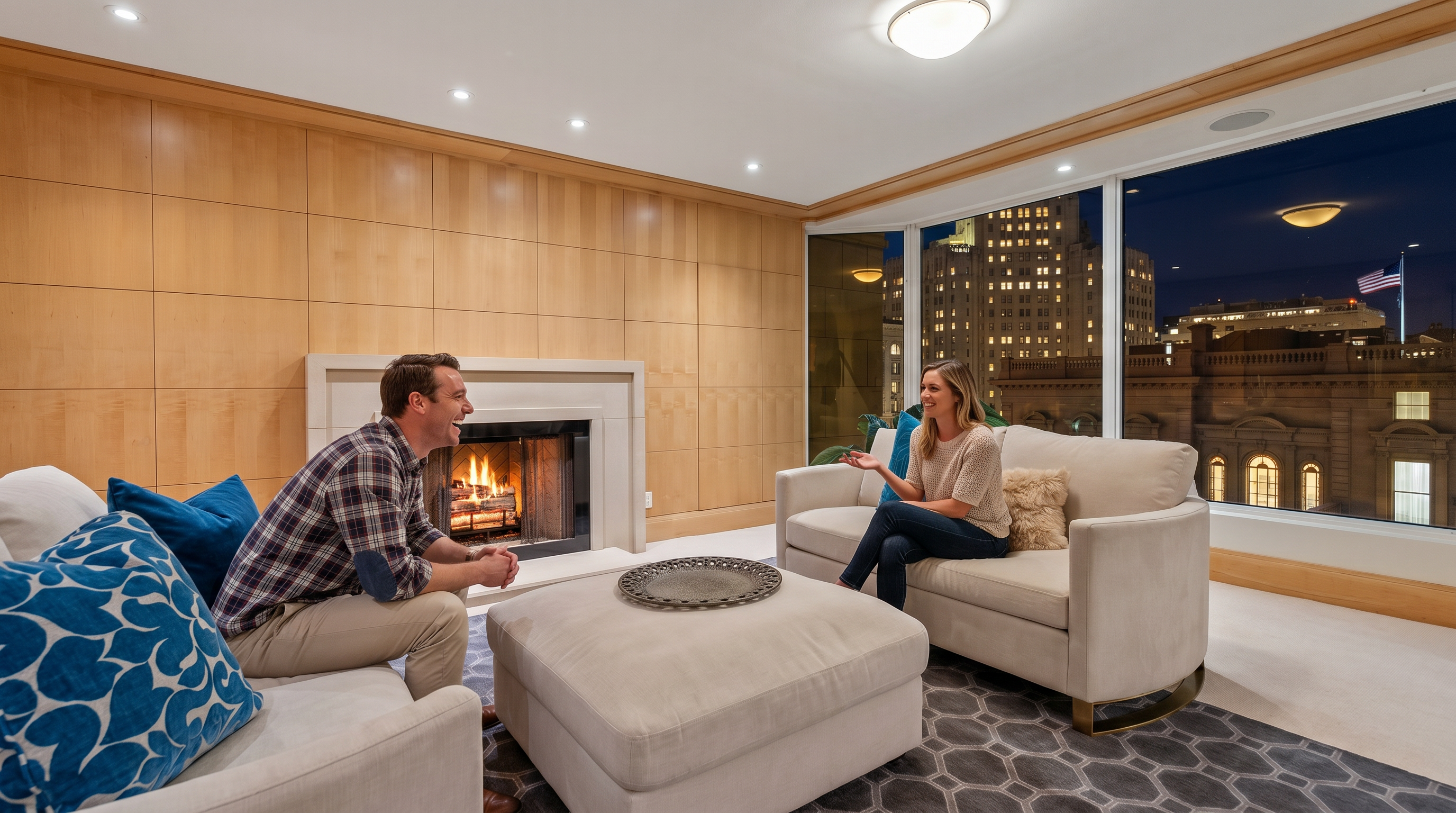 This sophisticated living room features light wood paneling on the walls and a central fireplace with a stone surround. A large, plush ottoman sits on a geometric-patterned rug, flanked by two neutral-toned sofas accented with blue and textured pillows. Large windows provide an expansive view of the surrounding city architecture, filling the space with natural light.