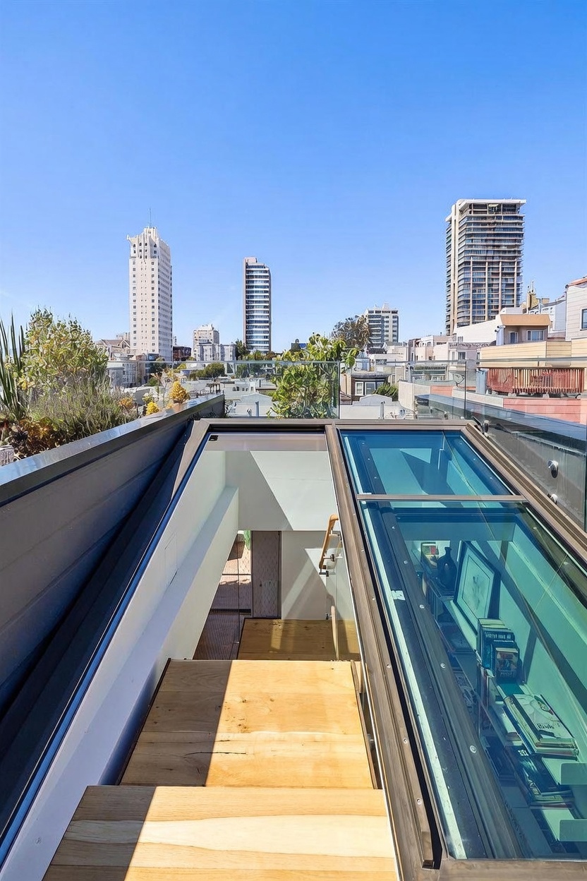 This image captures a unique rooftop deck featuring a retractable glass skylight that opens to reveal a staircase leading down into the home. The perspective is from the rooftop looking down through the open glass panel, showcasing the urban skyline of San Francisco in the background. The deck is constructed with light wood planks, creating a modern and seamless transition between the outdoor living space and the interior.