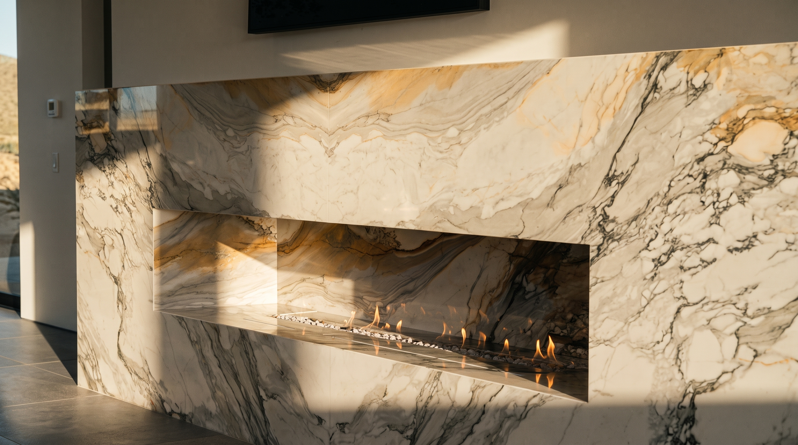 This image highlights a modern linear fireplace integrated into a prominent, full-height stone surround with dramatic veining. The hearth features a bed of decorative glass stones, creating a sleek and contemporary focal point. The perspective is a close-up, emphasizing the polished texture of the stone and the warm glow of the flames.