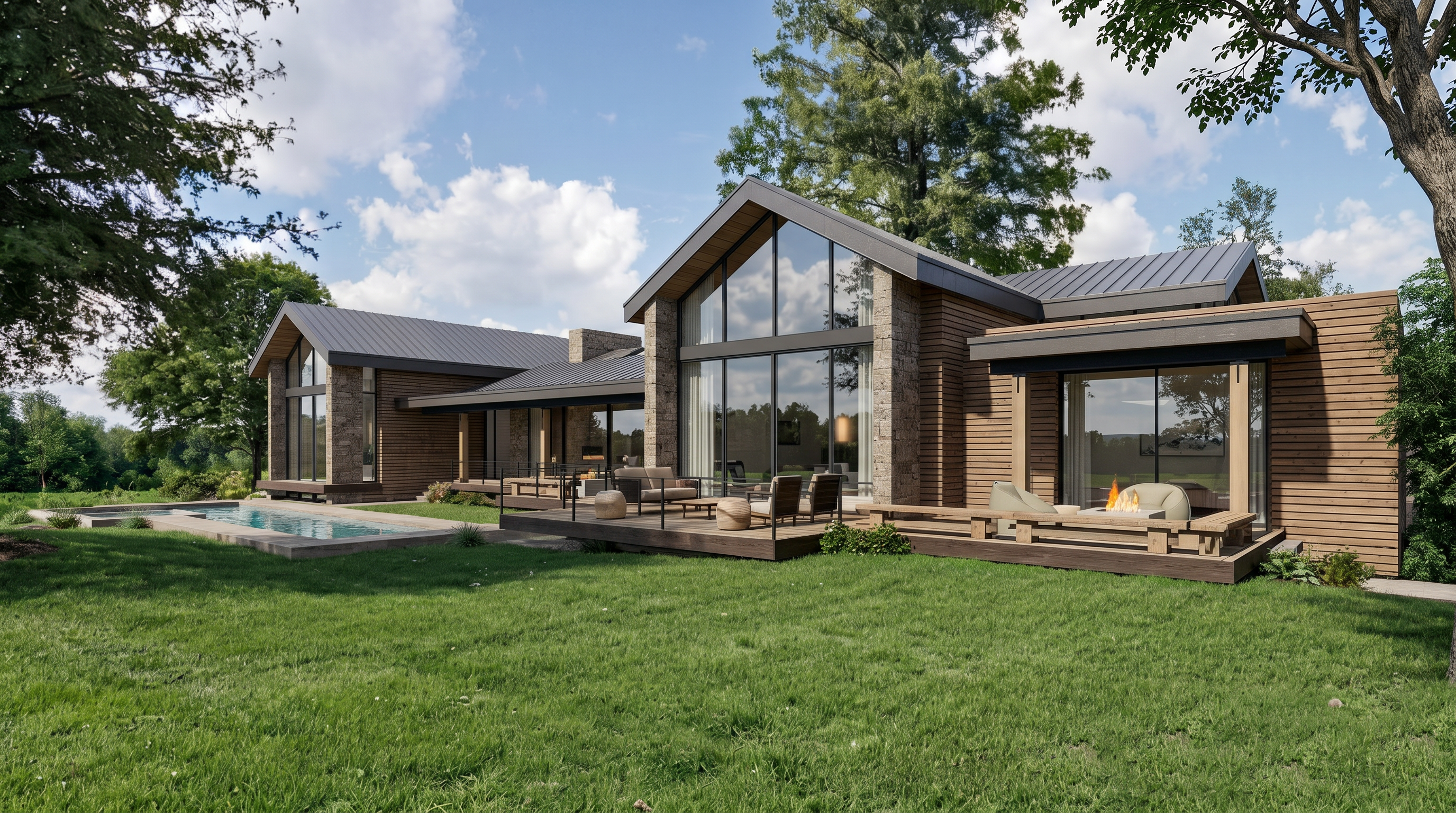 This stunning modern architectural home features a striking combination of dark metal roofing, warm wood siding, and expansive floor-to-ceiling glass walls that seamlessly blend indoor and outdoor living. The rear exterior showcases a spacious multi-level wooden deck, a cozy fire pit area, and a sleek rectangular swimming pool set against a lush, expansive lawn. The cinematic perspective captures the home's sophisticated design and tranquil, private setting, emphasizing its luxury appeal.