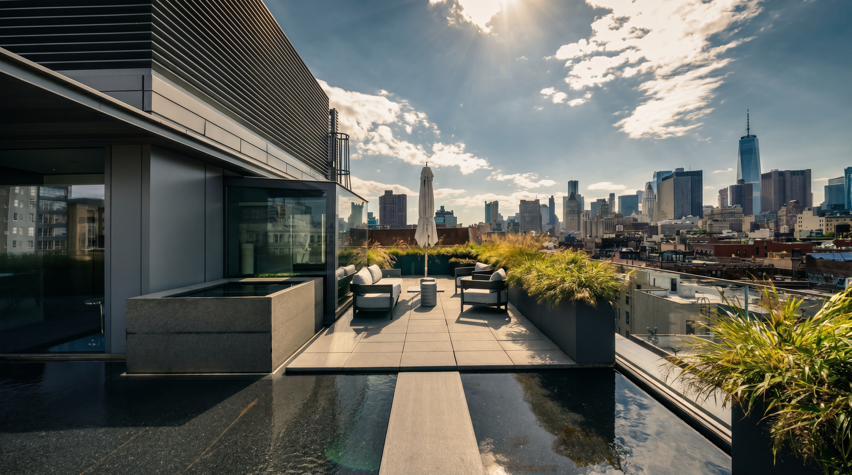 This expansive rooftop terrace features a sleek, modern design with a reflective water feature that creates a serene atmosphere. The space is furnished with comfortable outdoor seating and a central umbrella, all set against a dramatic, panoramic backdrop of the New York City skyline. The combination of stone paving, lush perimeter planters, and the striking urban view makes this an ideal setting for high-end outdoor entertaining.