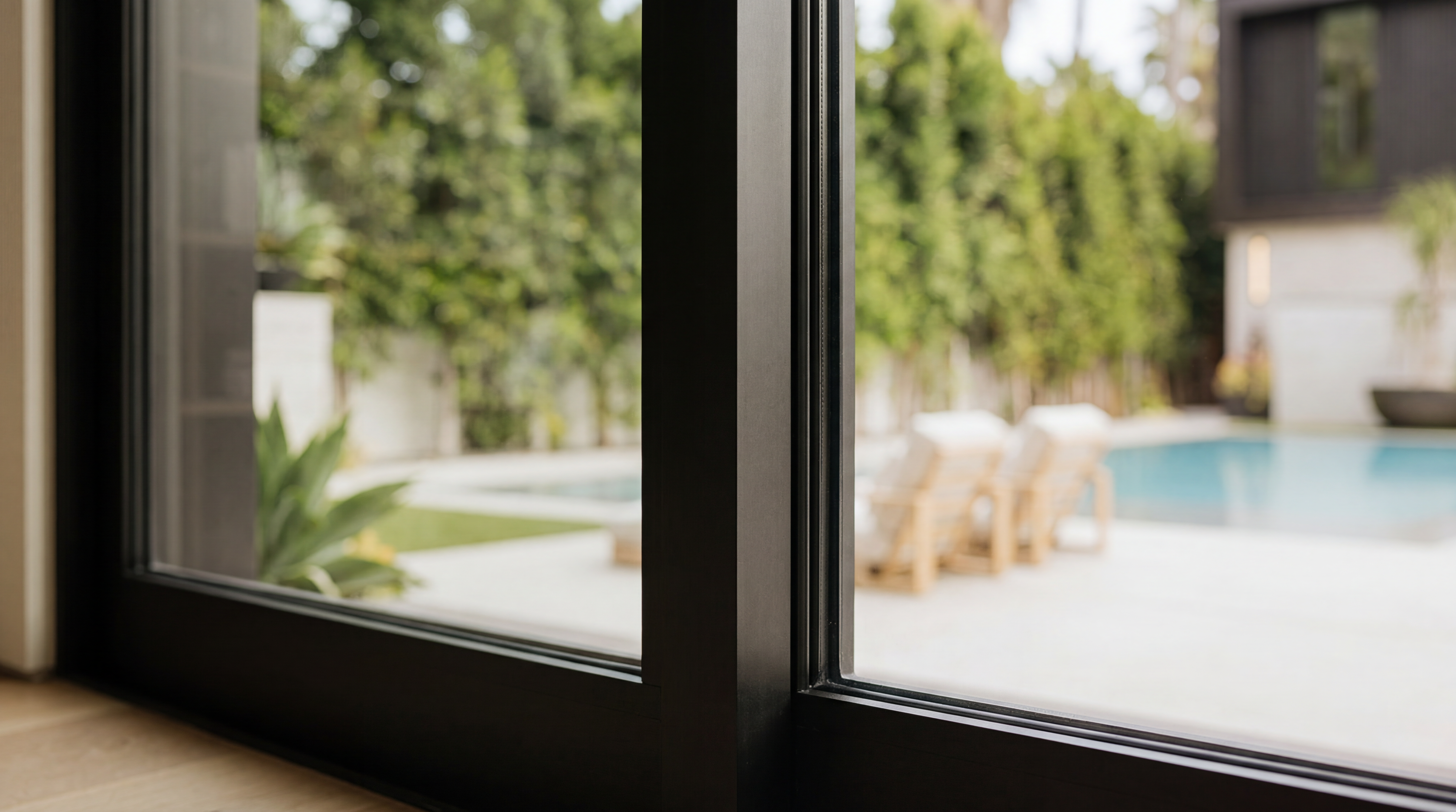 This image is captured from an indoor vantage point, looking out through large, modern floor-to-ceiling glass sliding doors onto a luxurious outdoor pool area. The scene highlights a sleek patio furnished with lounge chairs, complemented by lush greenery and a contemporary residence in the background. It creates an inviting, resort-style atmosphere that emphasizes seamless indoor-outdoor living.