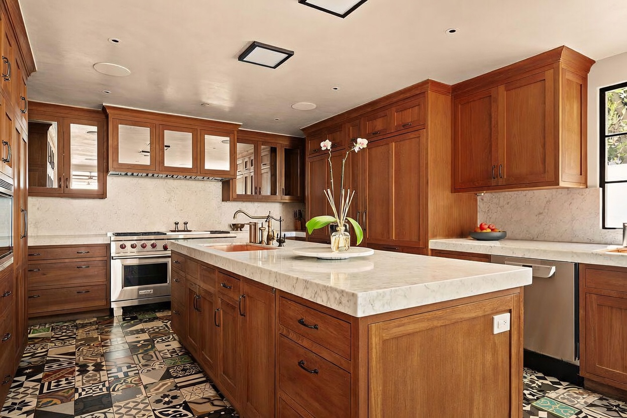 This spacious kitchen features warm-toned wood cabinetry, a large central island with a stone countertop, and a professional-grade range. The floor is covered in a distinctive, multi-patterned tile that adds a unique visual texture to the room. The perspective is a wide-angle shot from the kitchen entrance, showcasing the functional layout and the blend of traditional cabinetry with modern appliances.