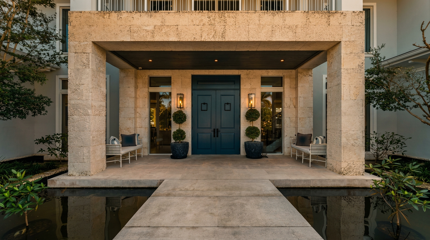 This grand entryway features a symmetrical design with a stone-clad portico leading to a bold, dark blue double door. A stone walkway extends across a tranquil reflecting pool, flanked by manicured topiary trees and white benches on either side. The architectural style is elegant and formal, creating a sophisticated and welcoming first impression.