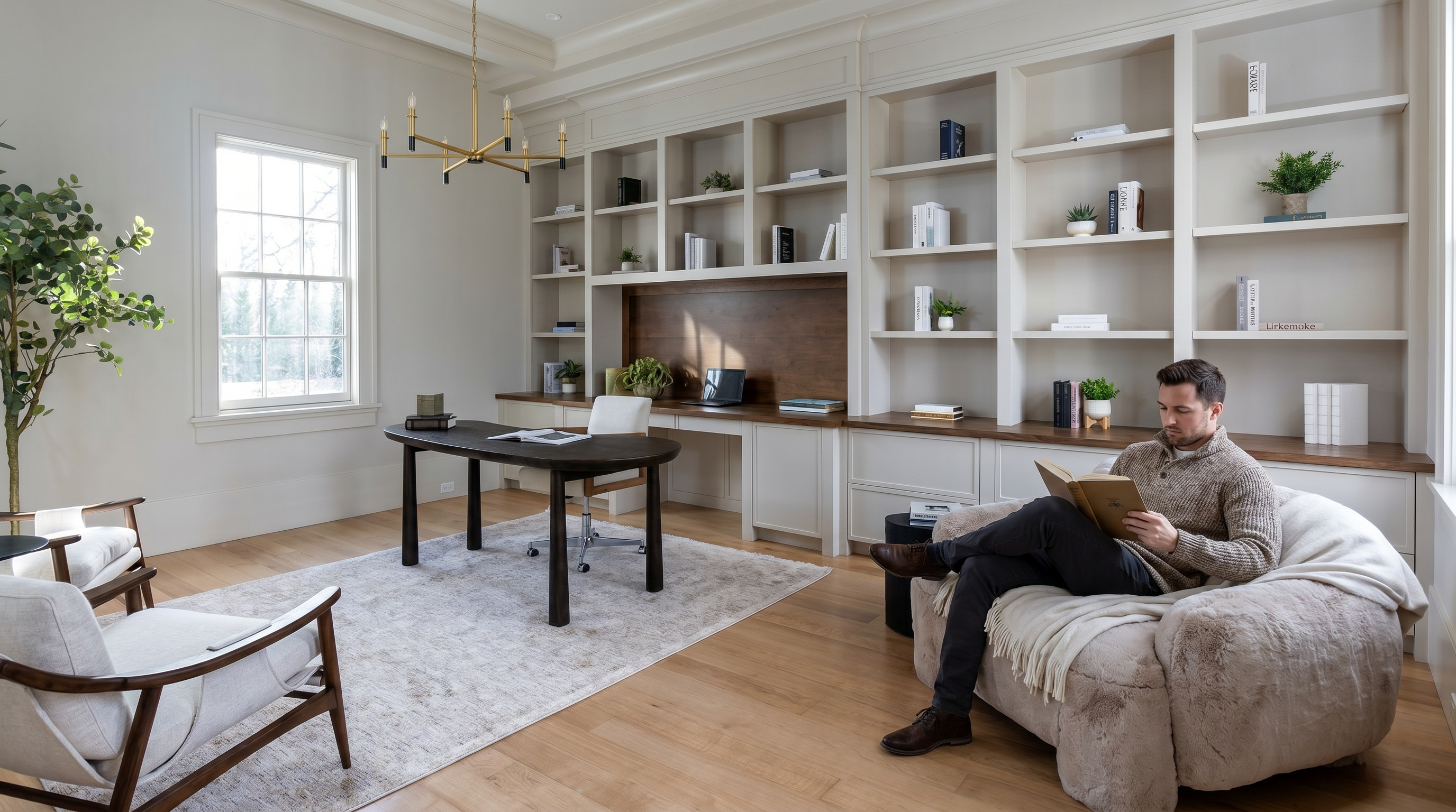 This sophisticated home office features a large, dark-toned desk centered on a textured area rug, flanked by two comfortable armchairs and a plush, oversized lounge chair. A wall of built-in shelving with integrated lighting and a warm wood-toned desk surface provides ample storage and workspace. The room is bathed in natural light from a large window and accented by a modern gold-toned chandelier, creating a professional yet inviting atmosphere.