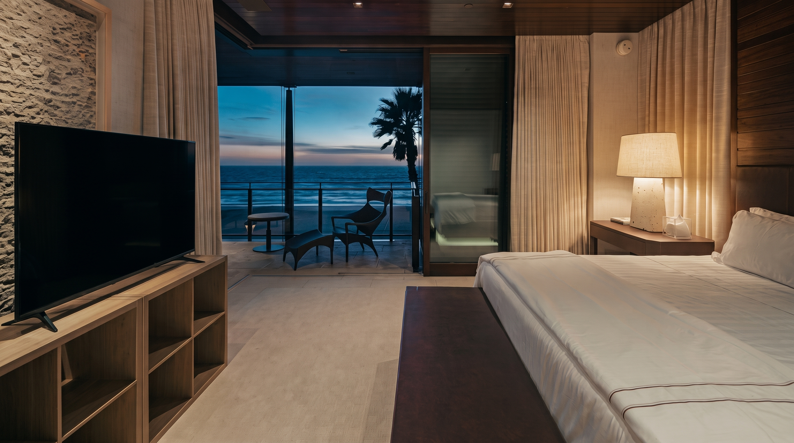 This primary bedroom features a minimalist, modern aesthetic with a neutral color palette and a direct, unobstructed view of the ocean through large glass sliding doors. The room includes a low-profile bed, a light wood media console, and a side table with a textured lamp, all opening onto a private balcony with outdoor seating. The perspective is from inside the room looking out, emphasizing the seamless transition between the indoor living space and the coastal scenery.