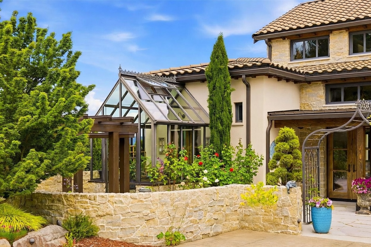 This exterior view showcases a charming garden area featuring a stone retaining wall and a glass-enclosed conservatory with a metal frame. The home displays a Mediterranean-inspired aesthetic with light-colored stucco walls, stone accents, and a tiled roof, complemented by lush landscaping including a tall cypress tree and rose bushes. A metal arbor leads toward the wooden front entrance, creating a welcoming and elegant atmosphere.