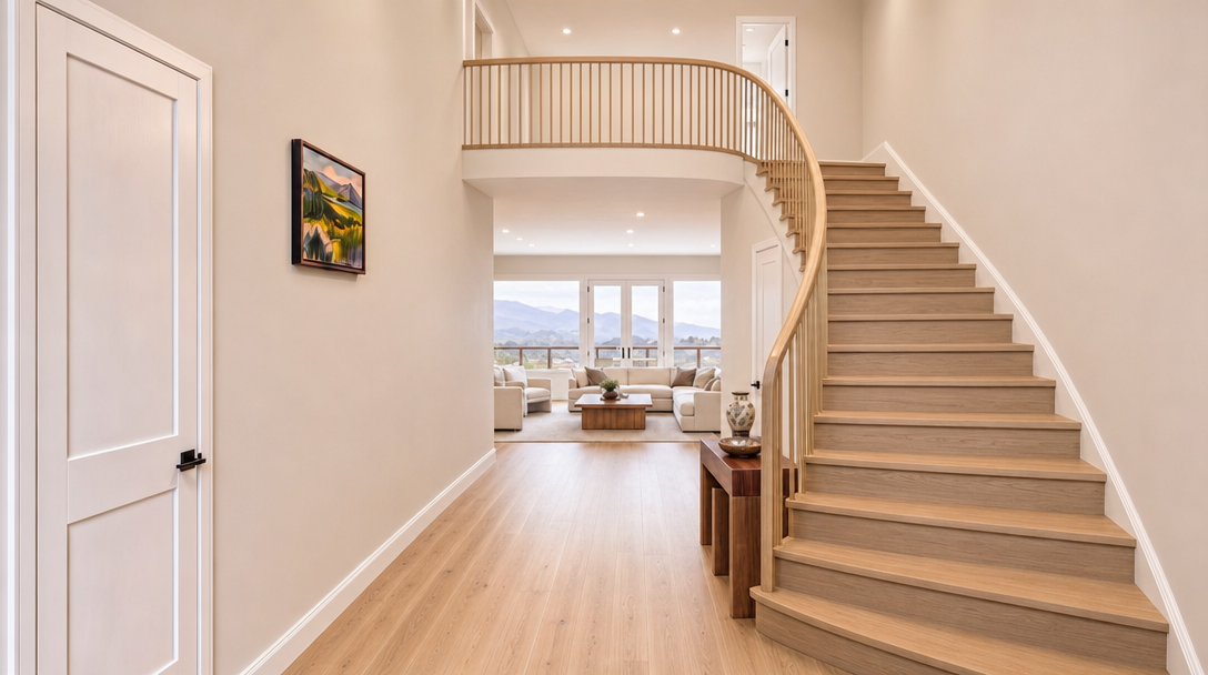 This grand foyer features a dramatic, custom-curved staircase with light oak treads and sleek vertical railings that flow into an open-concept living area. The neutral color palette, wide-plank wood flooring, and soaring ceilings create an airy, sophisticated atmosphere with a seamless transition between levels. The space is further enhanced by an elegant console table and a curated piece of art, showcasing a modern and high-end aesthetic.