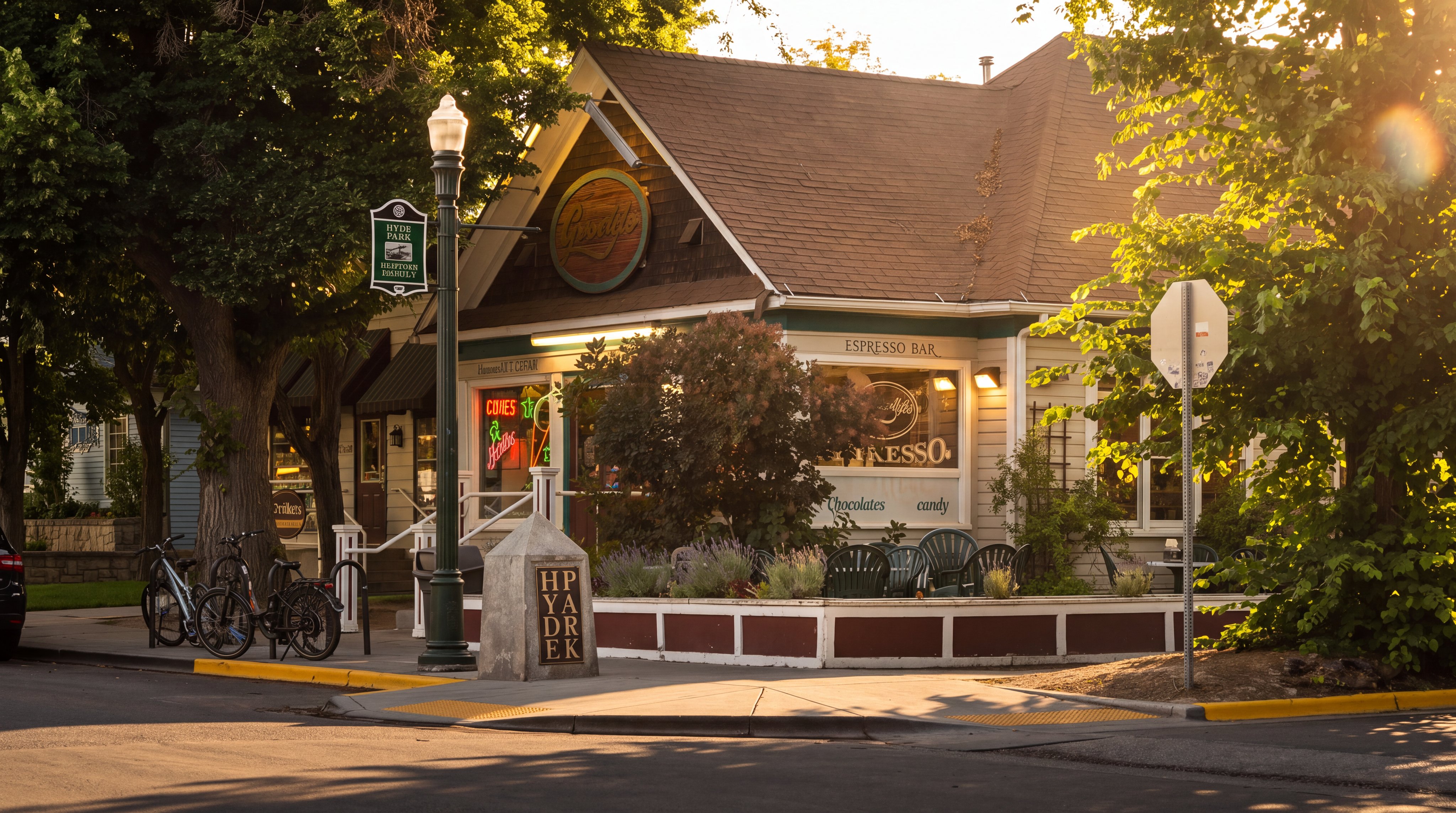 This charming corner storefront, identified as Goody's, features a classic architectural style with a prominent shingled roof and a welcoming outdoor patio area. The building is situated in the Hyde Park Historic District, complete with a stone monument marker and mature trees providing shade over the sidewalk and bicycle racks. The scene captures a vibrant, pedestrian-friendly neighborhood atmosphere with a person tending to the outdoor seating area.