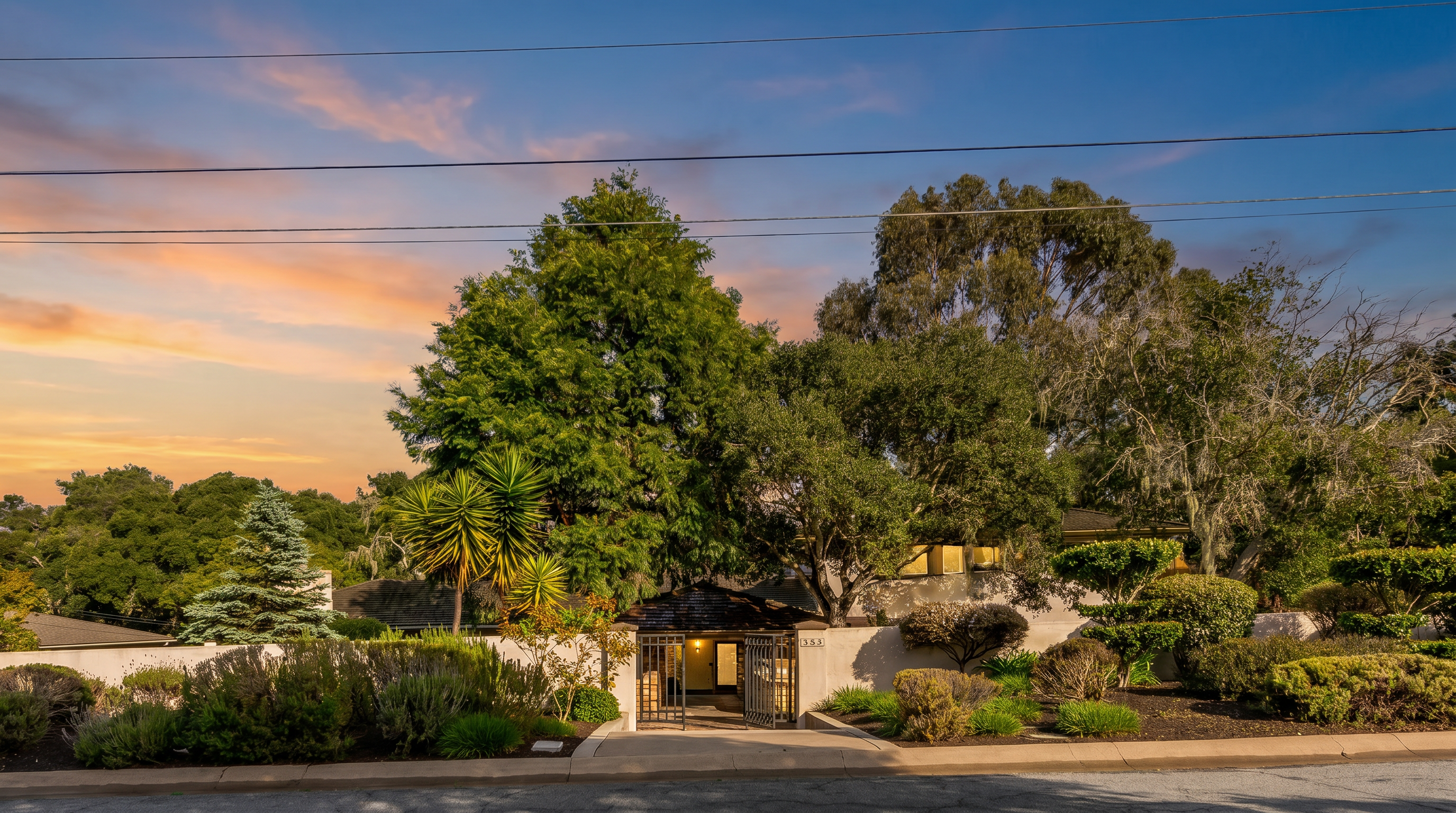 This front-facing view captures a private residential entrance framed by a low, light-colored wall and a gated entryway. The property is surrounded by lush, mature landscaping, including a prominent palm tree and dense, leafy trees that provide significant shade and privacy. The scene is set under a bright blue sky with scattered clouds, emphasizing the quiet, established nature of the neighborhood.