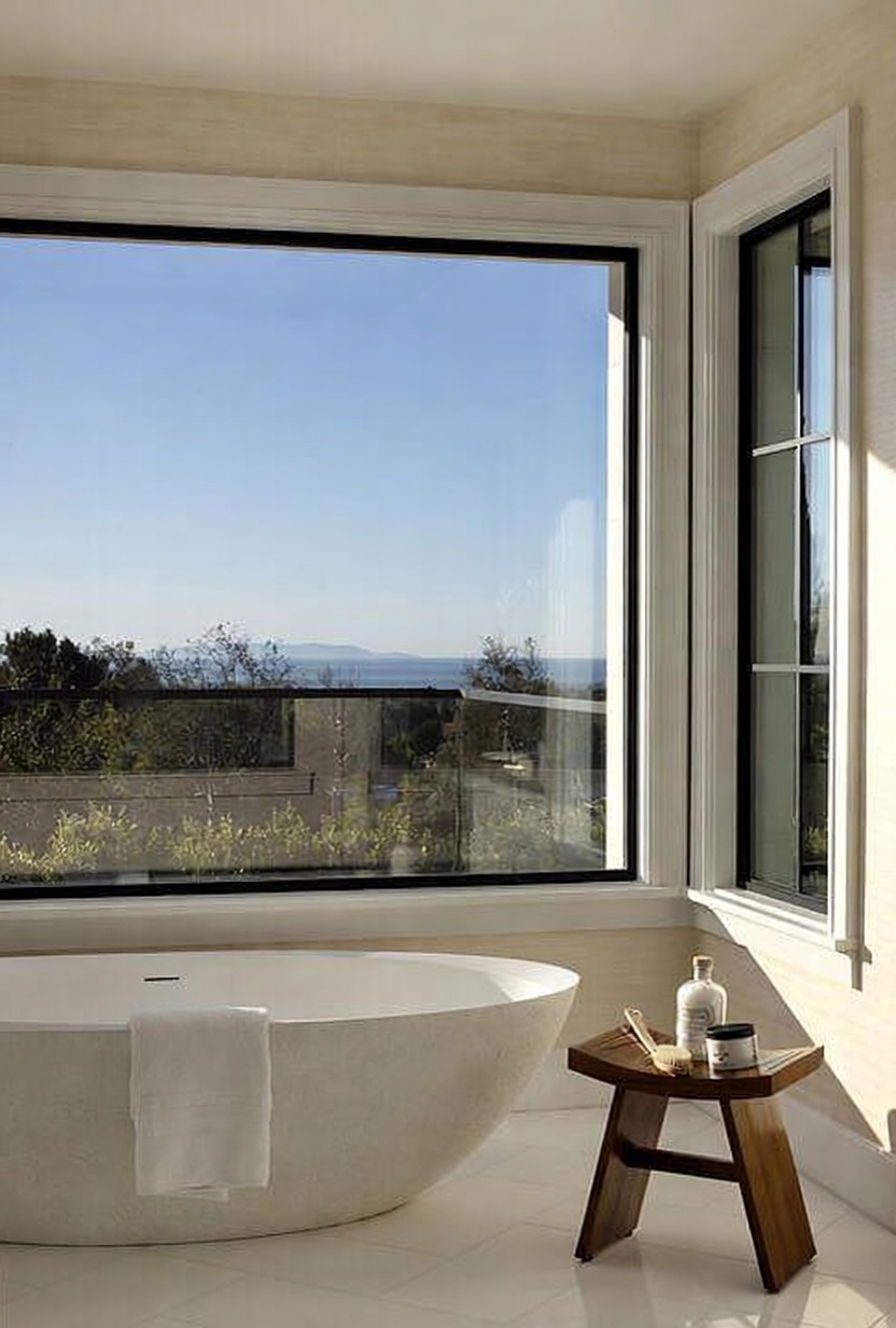 This serene primary bathroom features a large, oval-shaped soaking tub positioned directly in front of a expansive window that frames a scenic ocean and hillside view. To the right, a small wooden stool holds bath accessories, adding a touch of warmth to the clean, minimalist aesthetic. The room is bathed in soft natural light, highlighting the neutral wall textures and polished light-colored flooring.