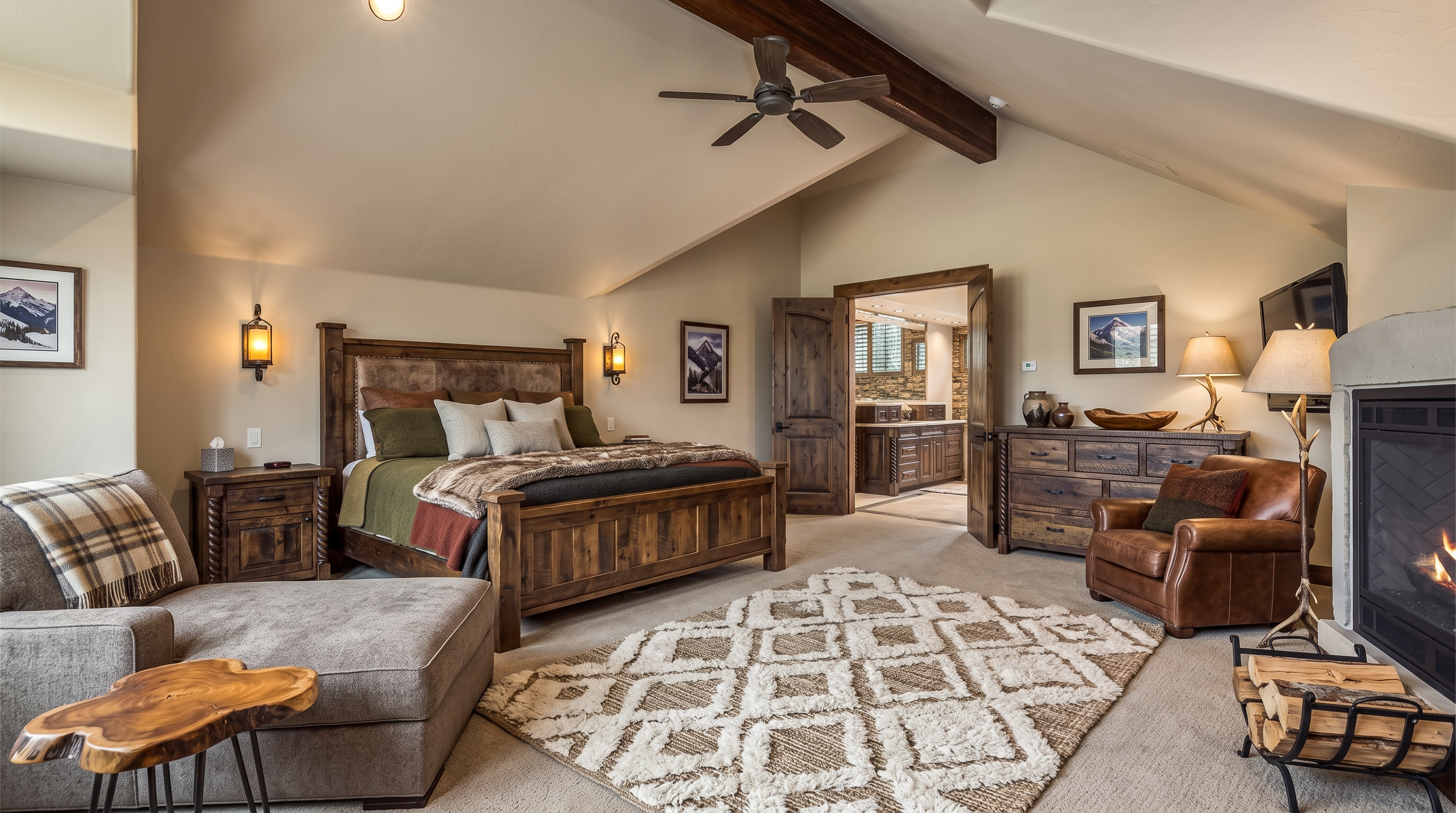 This spacious primary bedroom features a vaulted ceiling with a prominent exposed wood beam and a ceiling fan. A cozy seating area with a plush armchair sits to the left, while a fireplace with a stone surround and a mounted television occupies the right side. Double wooden doors open into an adjoining bathroom, creating an open and connected layout with neutral carpeting throughout.