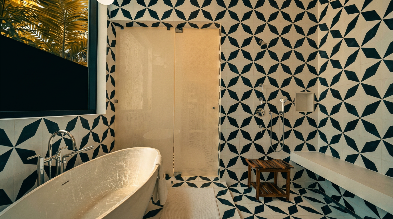 This modern bathroom features a striking geometric black-and-white patterned tile that covers the walls and floor, creating a bold visual statement. A sleek, freestanding white soaking tub is positioned near a large window, while a built-in bench and a wooden stool provide functional seating. The space is equipped with a wall-mounted shower fixture and a minimalist faucet, offering a contemporary and high-end aesthetic.