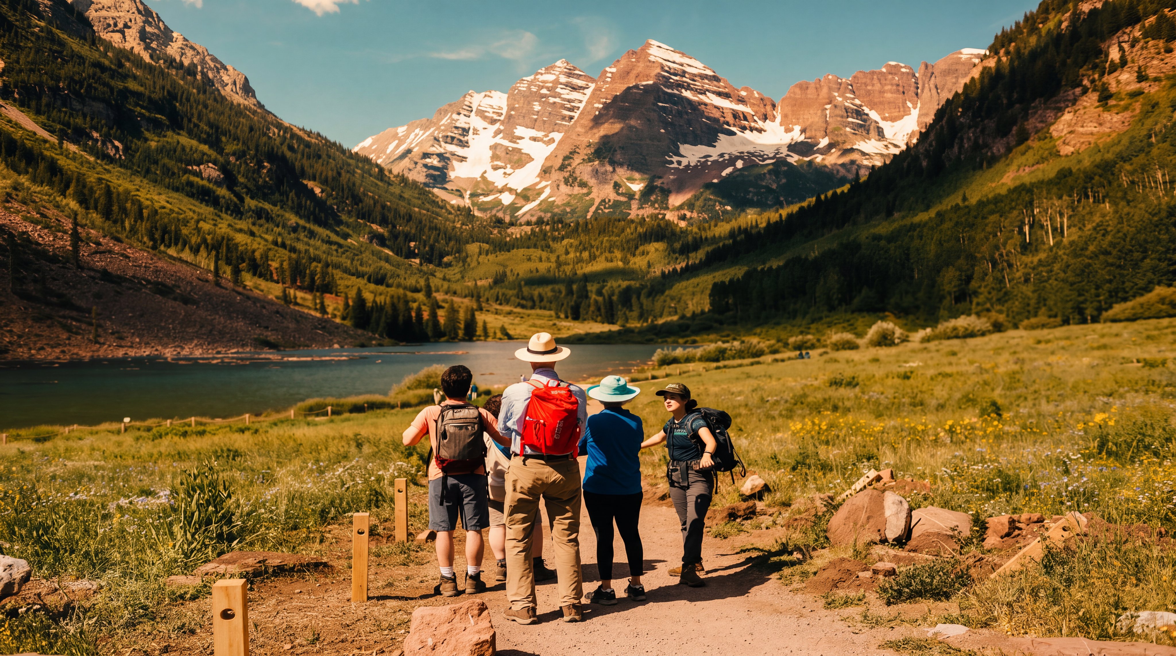This image features a scenic outdoor park area, likely part of a community's recreational access, showcasing mountain vistas and a lake. A group of hikers stands on a dirt trail, emphasizing the natural beauty and proximity to outdoor activities. Its stunning, picturesque setting serves as a major lifestyle selling point for nearby real estate.