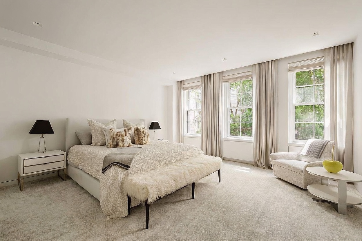 This spacious primary bedroom features a neutral color palette with soft textures, including a plush bed with decorative pillows and a faux-fur bench at the foot. Three large windows with floor-length curtains allow ample natural light to fill the room, highlighting the light-toned carpeting. A comfortable armchair and a small side table with a decorative accent piece complete the serene and elegant atmosphere.