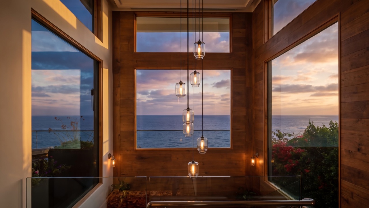 This interior space features a dramatic stairwell area defined by warm, horizontal wood-paneled walls and expansive glass windows that frame a stunning ocean view. A cluster of modern, cylindrical glass pendant lights hangs at varying heights, creating a focal point against the backdrop of the sea. The combination of natural wood textures and transparent glass railings provides a sophisticated, airy atmosphere that emphasizes the home's coastal location.