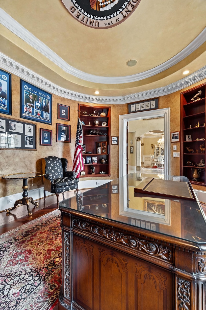 This formal office space features a presidential-themed aesthetic, complete with a circular ceiling medallion displaying the Seal of the President of the United States. The room is furnished with a large, dark wood desk with a glass top, a patterned armchair, and built-in shelving units filled with decorative items and framed memorabilia. A rich, patterned area rug covers the hardwood floor, and the room opens into a bright, adjacent living space through a wide doorway.