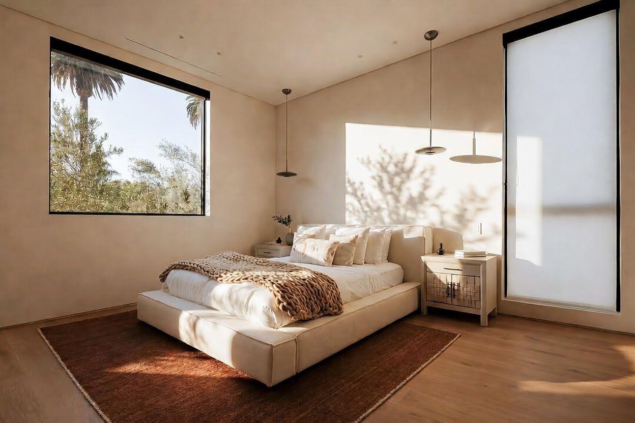 This serene primary bedroom features a minimalist aesthetic with light-toned walls and warm wood flooring. A plush bed with a textured throw blanket serves as the focal point, flanked by a bedside table and illuminated by modern pendant lights. Large windows allow for abundant natural light, casting soft shadows across the room and providing a view of the surrounding greenery.