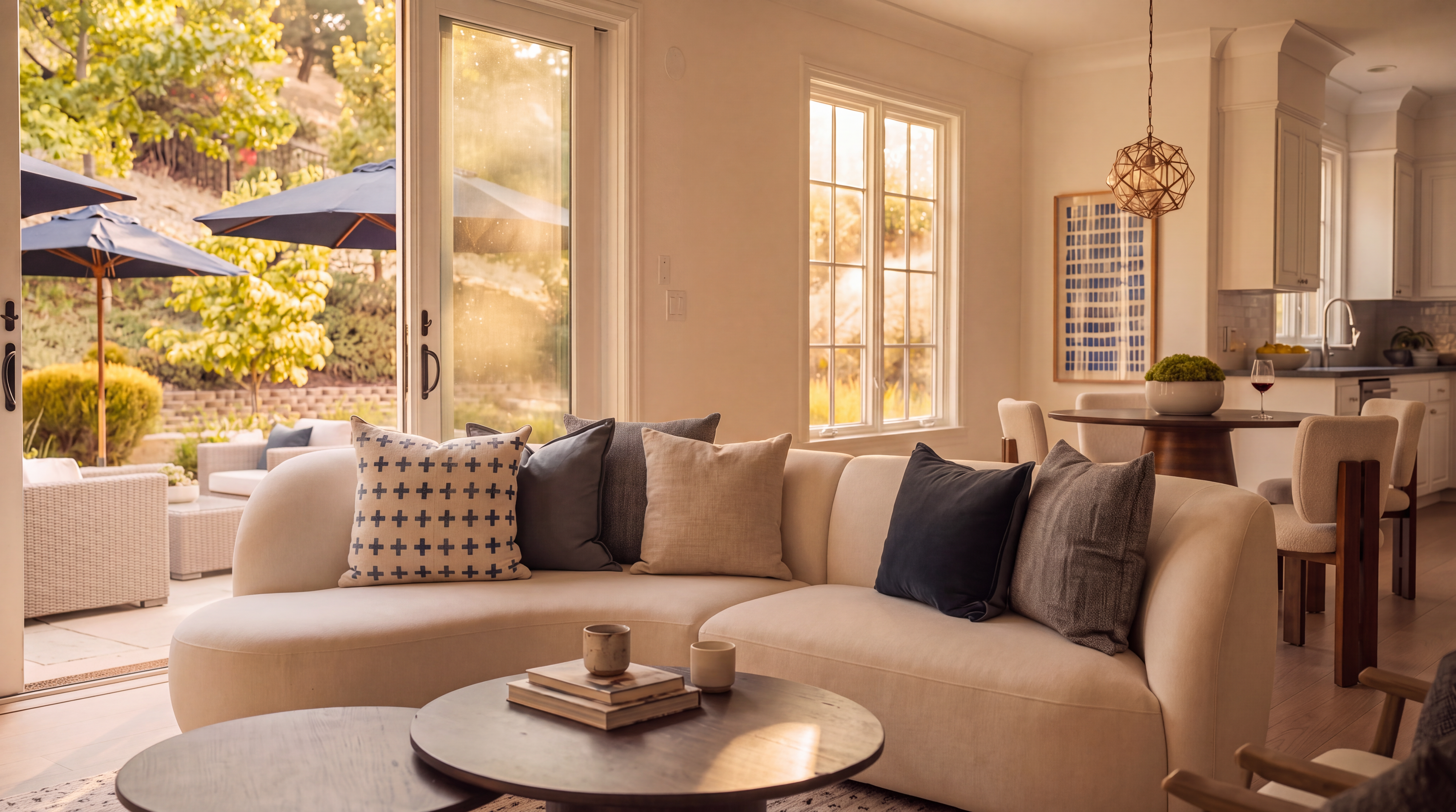 This bright and airy open-concept living room features a curved white sectional sofa, two modern armchairs, and a nested coffee table set atop a textured rug. The space flows seamlessly into a gourmet kitchen, while sliding glass doors provide a picturesque view of the outdoor patio and lush garden. A built-in linear fireplace and wall-mounted television serve as the focal point, creating a sophisticated and welcoming atmosphere.