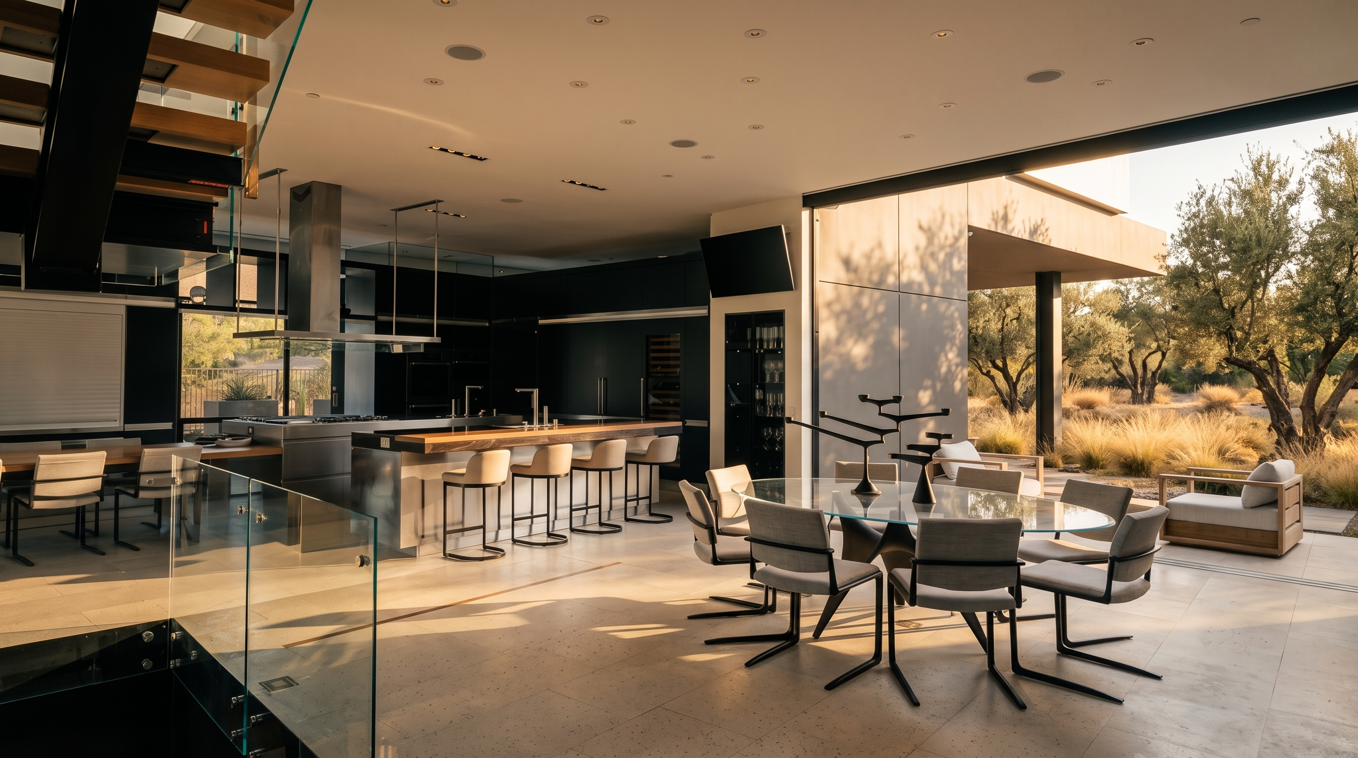 This expansive, open-concept space seamlessly blends a modern kitchen with a dining area that opens to an outdoor patio. The kitchen features dark cabinetry, a large island with bar seating, and high-end appliances, while the dining area is anchored by an oval glass table and contemporary chairs. Large glass walls slide open to connect the interior with an outdoor lounge area, creating a sophisticated indoor-outdoor living experience.