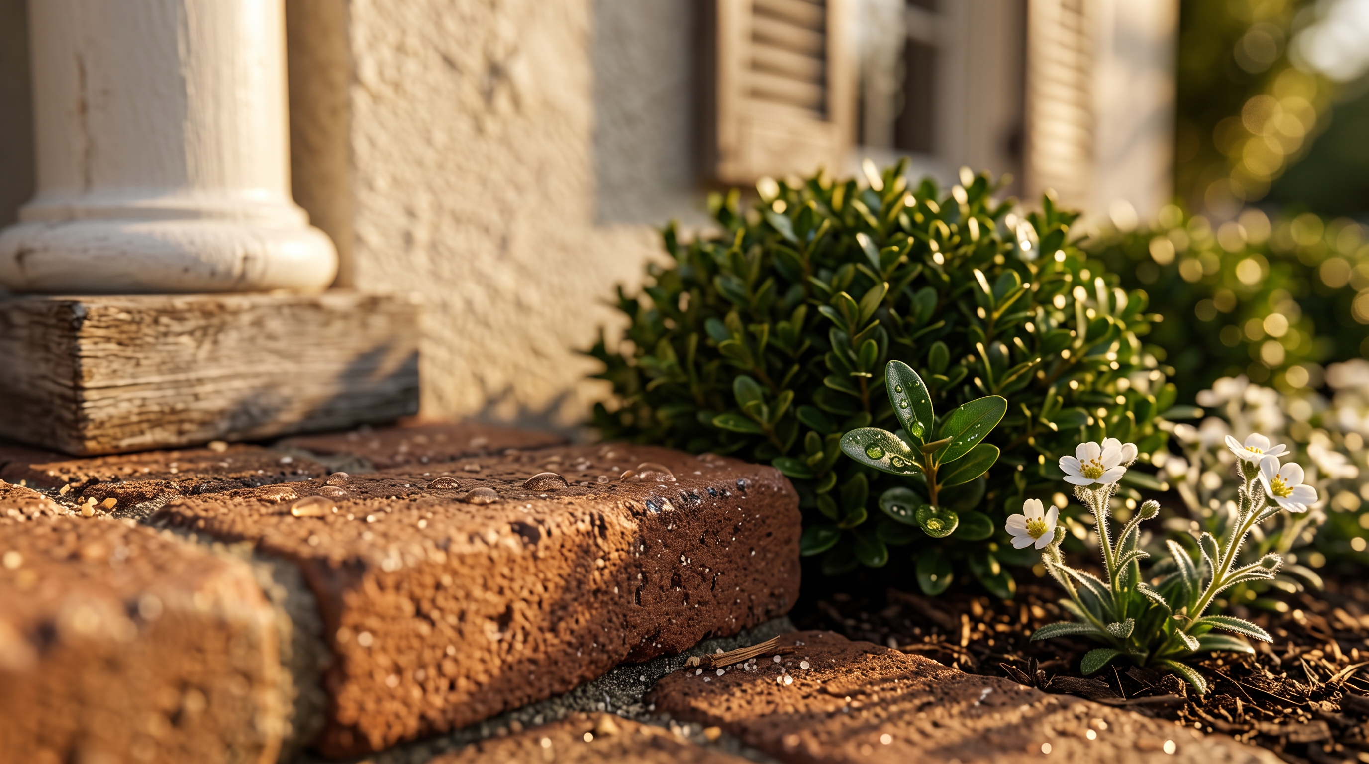 This close-up shot highlights the architectural detail of a brick entryway threshold paired with a decorative white column base. The scene includes neatly manicured boxwood shrubs and delicate white perennial flowers, adding a touch of curb appeal and charm to the home's exterior. The warm, golden-hour lighting enhances the textures of the brick and the dew-kissed greenery, creating a welcoming and well-maintained impression.