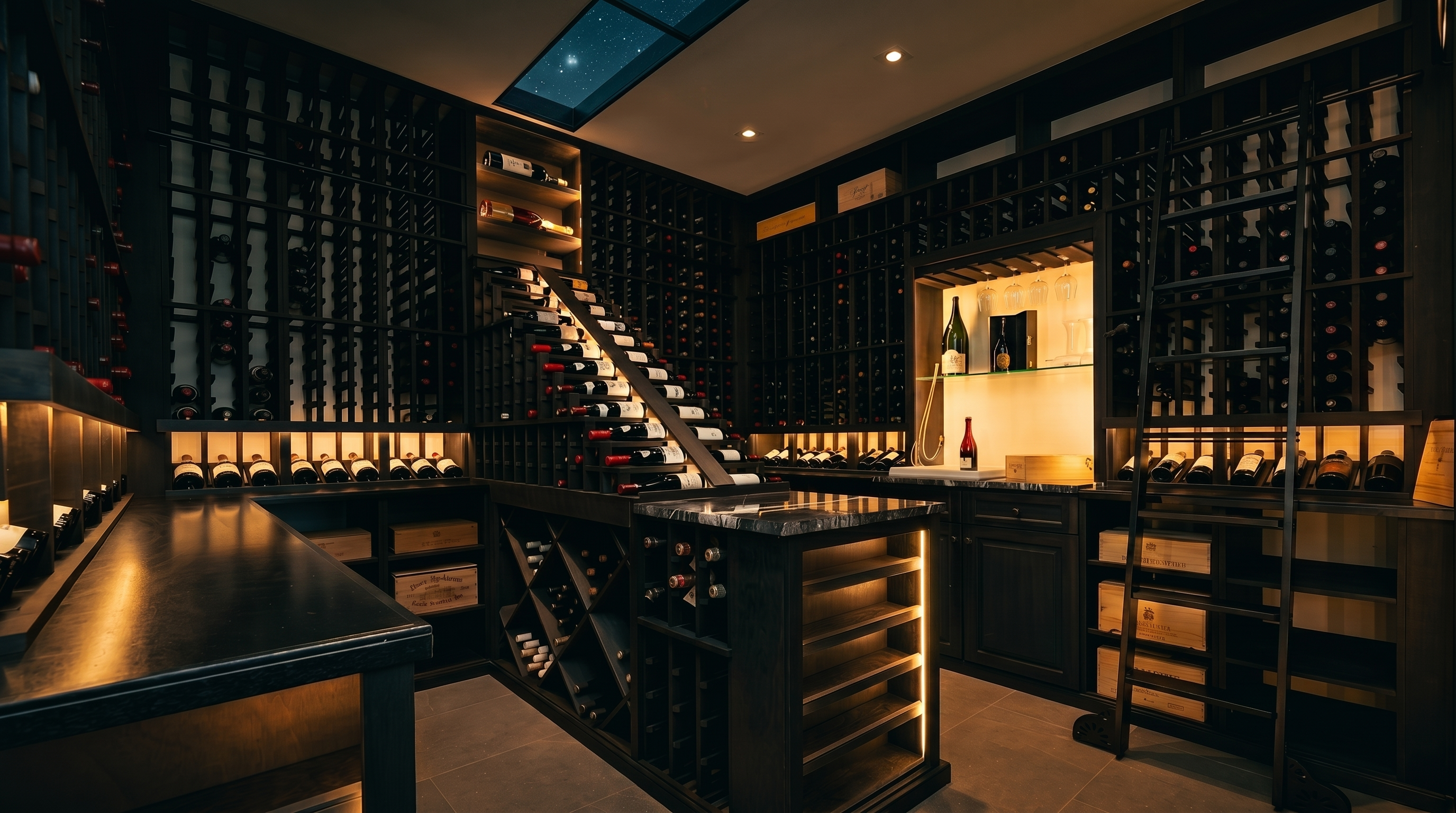 This sophisticated wine cellar features extensive custom dark wood cabinetry with integrated lighting and a rolling library-style ladder for accessing higher shelves. The space includes a central island with a dark stone countertop, diamond-patterned storage racks, and a dedicated display area for glassware. The room is finished with neutral tile flooring and recessed lighting, creating an elegant and organized environment for wine storage.