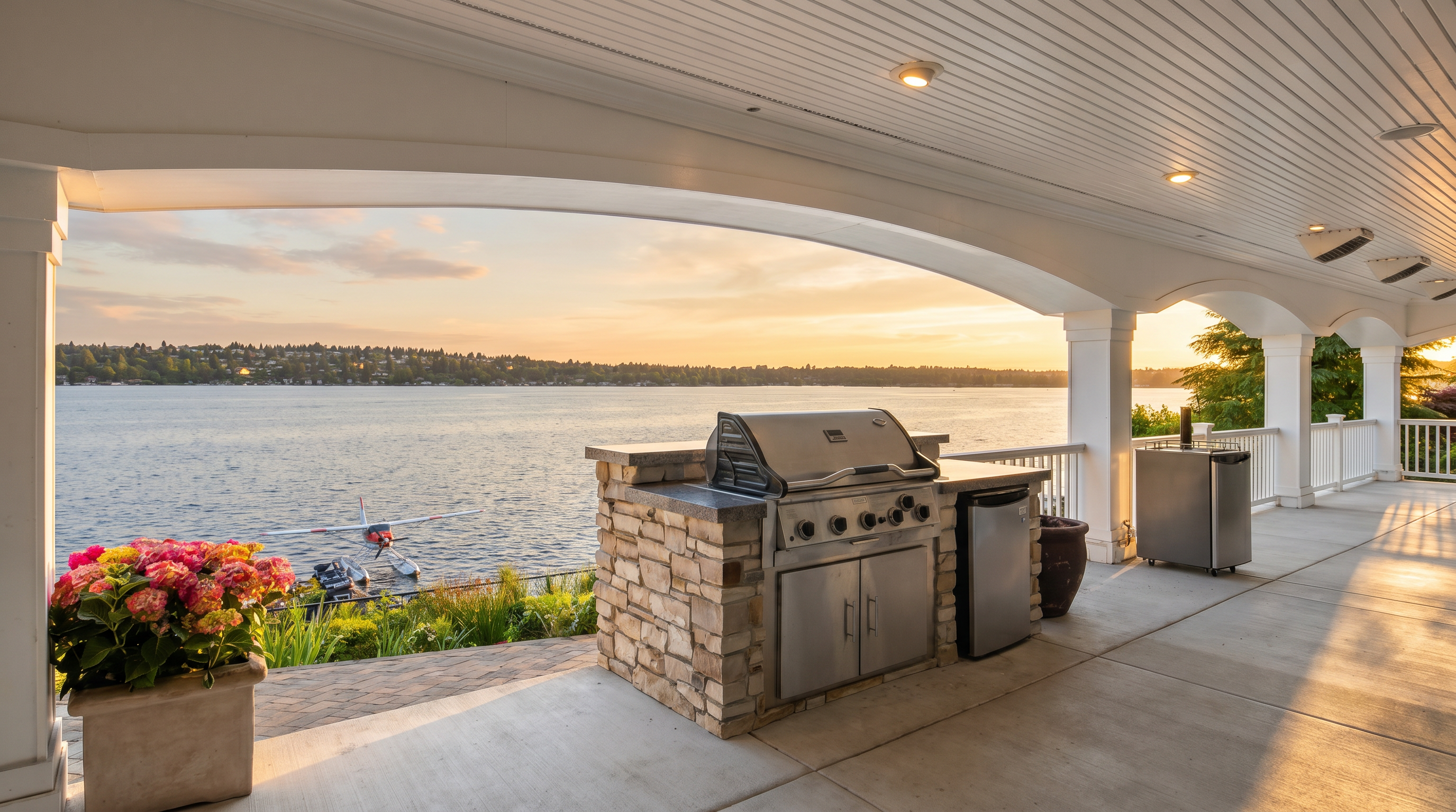 This expansive covered patio offers a luxurious outdoor living space with a built-in stone grill station and a stainless steel beverage cooler. The area features a wide, arched opening that frames a stunning, panoramic view of the lake, complete with a seaplane docked nearby. The clean, white-painted ceiling and concrete flooring create a bright, airy atmosphere perfect for waterfront entertaining.