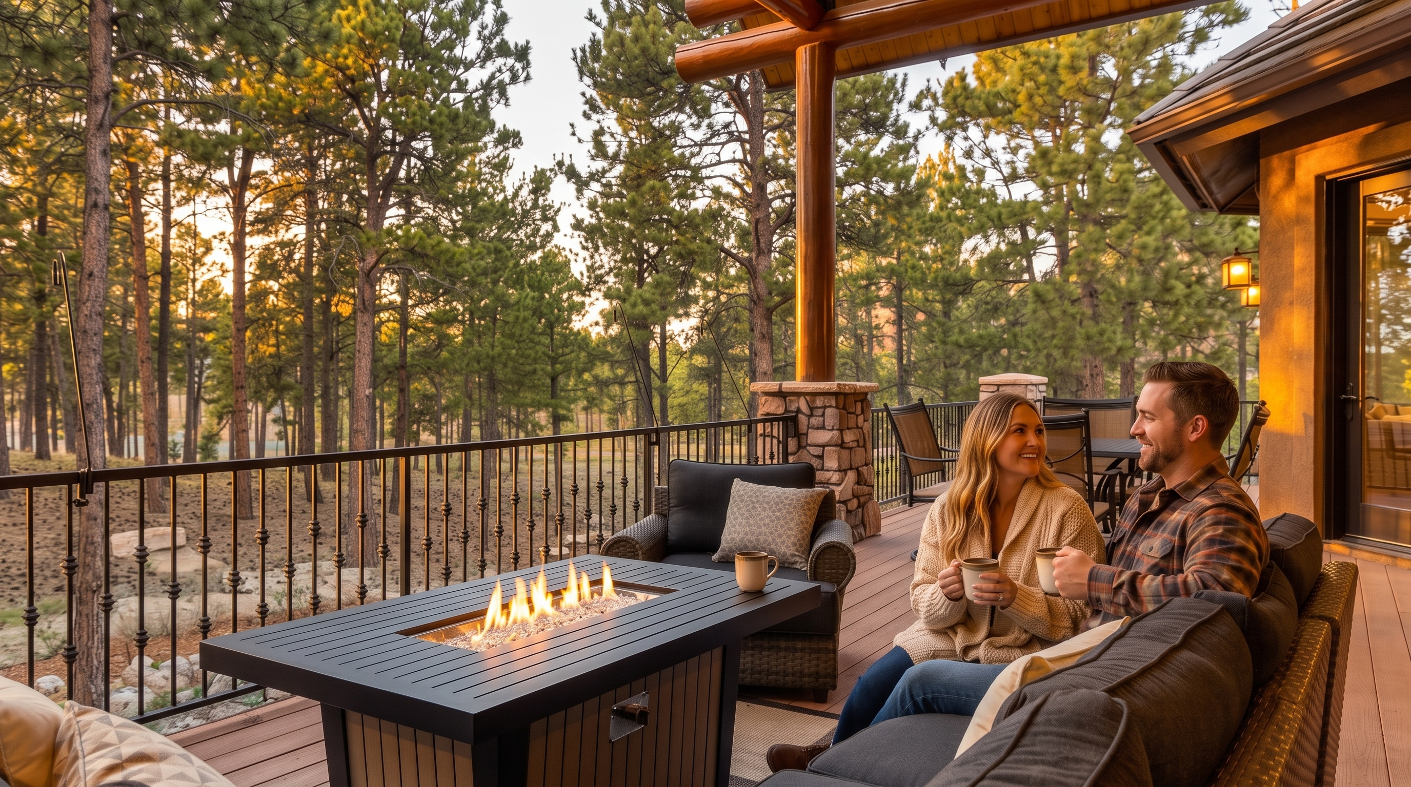 This spacious covered deck offers a serene outdoor living area with a comfortable sectional sofa and a central fire pit. The space is framed by rustic timber beams and overlooks a dense forest, creating a peaceful and private atmosphere. A separate dining set is positioned nearby, making this an ideal spot for entertaining against the backdrop of a sunset sky.