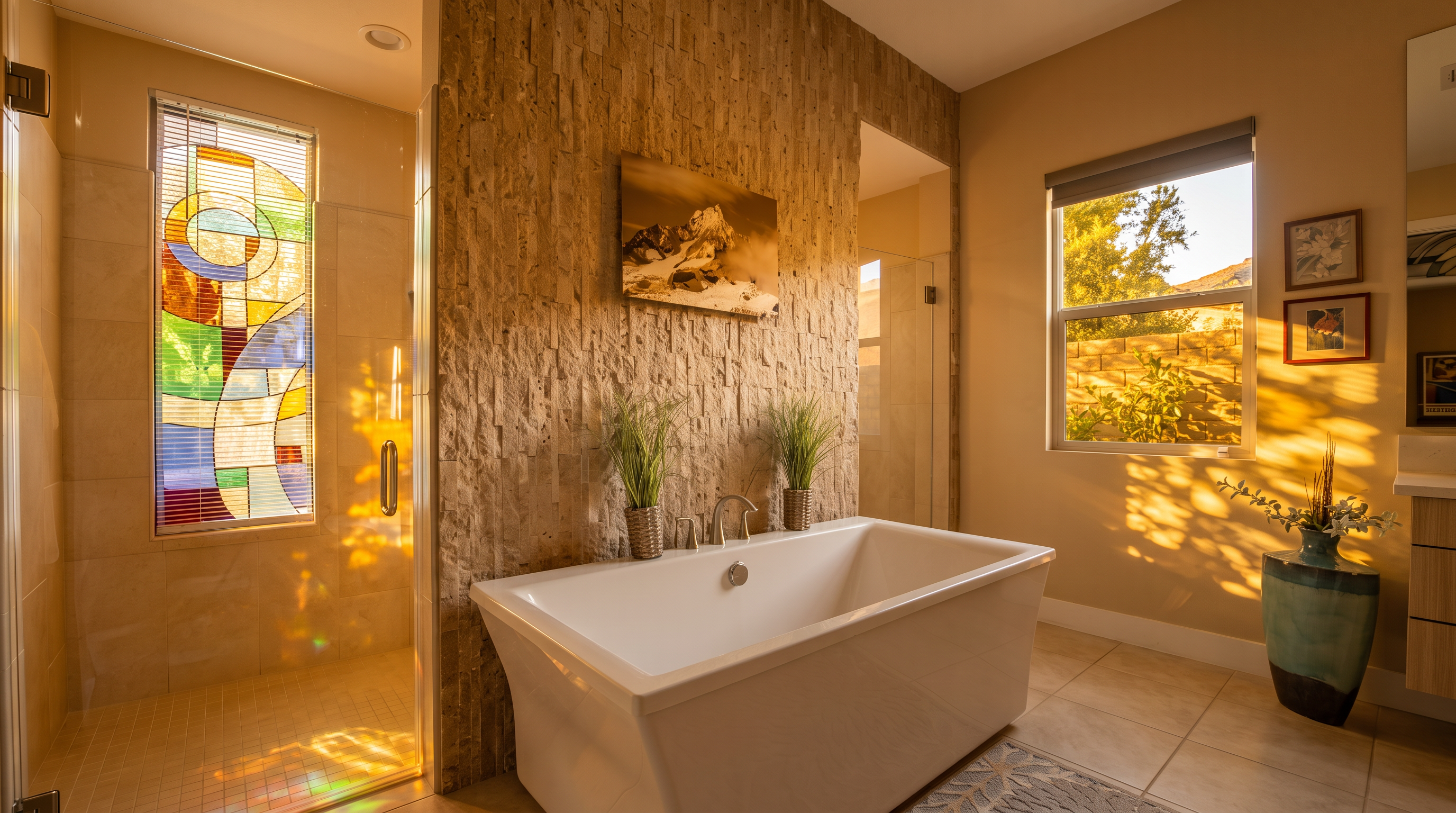 This luxurious primary bathroom features a stunning freestanding soaking tub as its centerpiece, positioned against a striking textured stone accent wall. The space includes a glass-enclosed shower with decorative stained glass, light-toned floor tiles, and elegant decor, creating a tranquil and spa-like atmosphere. Large windows and thoughtful lighting highlight the sophisticated design and open feel of the room.