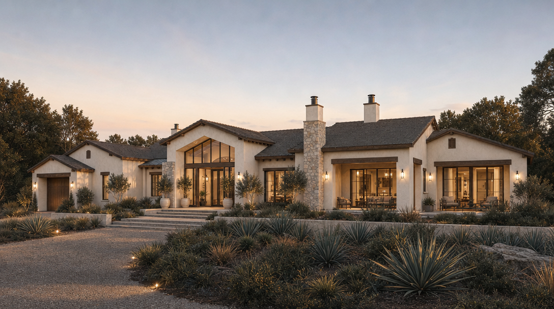 This stunning single-story estate showcases a blend of Mediterranean and modern farmhouse architecture with light stucco walls, stone chimney accents, and dark wood-framed windows. The home features a grand, glass-fronted central entryway flanked by manicured landscaping, low-water succulents, and a welcoming gravel drive. The property is designed with an emphasis on seamless indoor-outdoor living, featuring a covered patio and a sophisticated, inviting atmosphere.