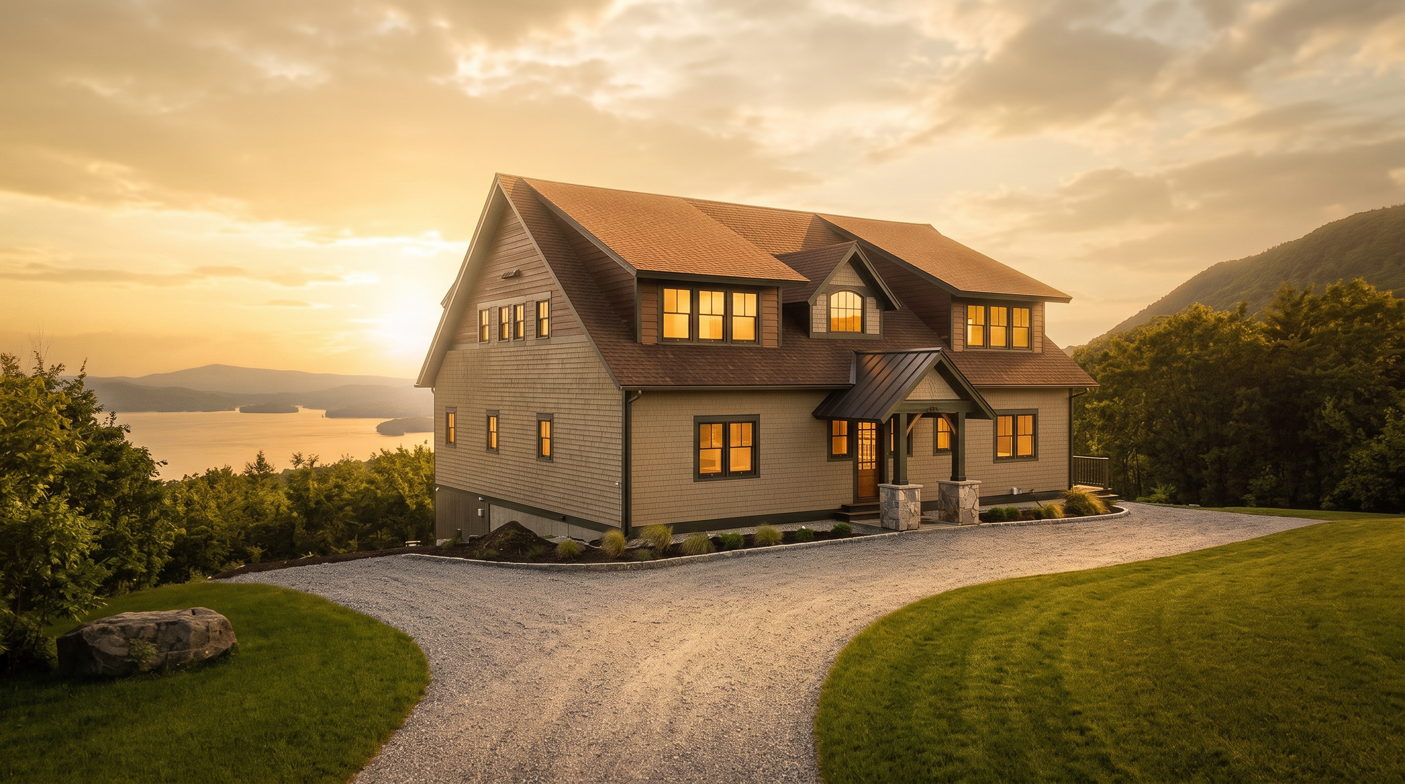This stunning mountain-side residence features a classic shingle-style exterior with a multi-gabled roofline and a welcoming covered entryway. The home is situated on a lush, manicured lawn with a winding gravel driveway leading to the front door, all set against a breathtaking backdrop of a serene lake and distant mountain ranges. The architecture blends harmoniously with the natural landscape, offering a peaceful and picturesque retreat.