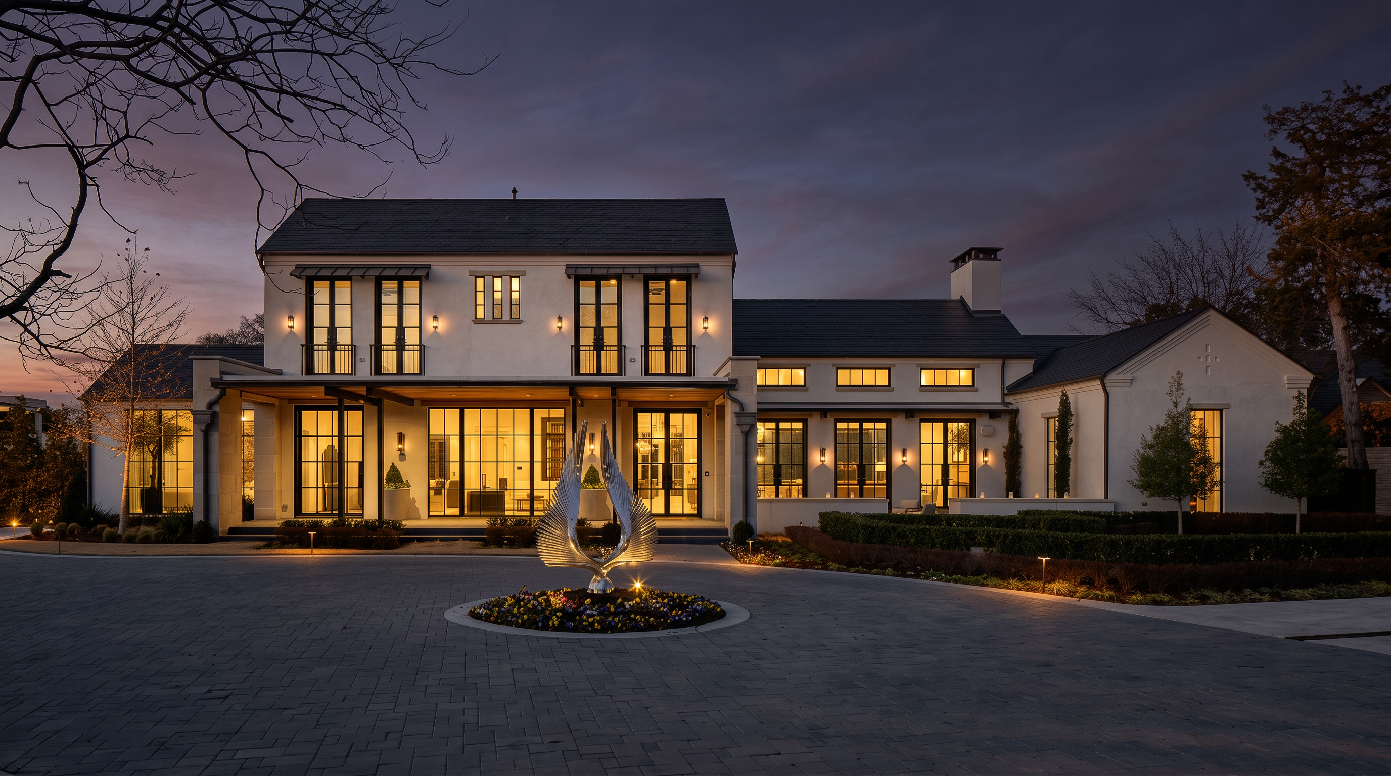 This elegant, two-story estate features a symmetrical white stucco facade with dark-framed windows and a slate-style roof. A circular paved driveway leads to the main entrance, centered around a striking metallic sculpture in a manicured garden bed. The scene is captured at dusk, with warm exterior lighting highlighting the architectural details and the expansive, clean lines of the home.