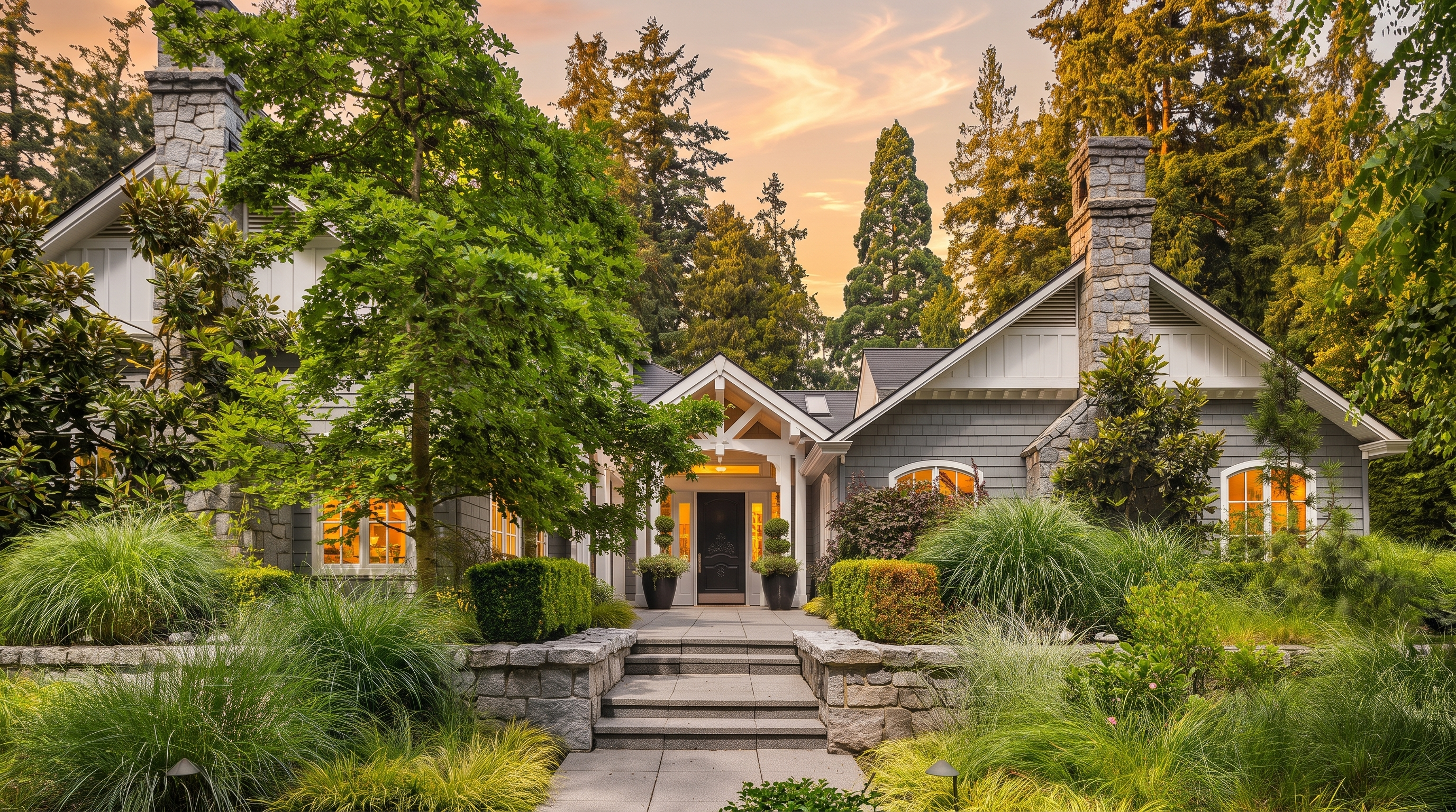 This stunning front exterior view of a custom home showcases elegant architecture with stone masonry chimneys, gray shingles, and a welcoming portico entry. The meticulously maintained landscape features mature trees, stone retaining walls, and lush ornamental grasses that frame the path to the front door. The warm glow from the interior windows against the twilight sky creates a picturesque and inviting atmosphere.
