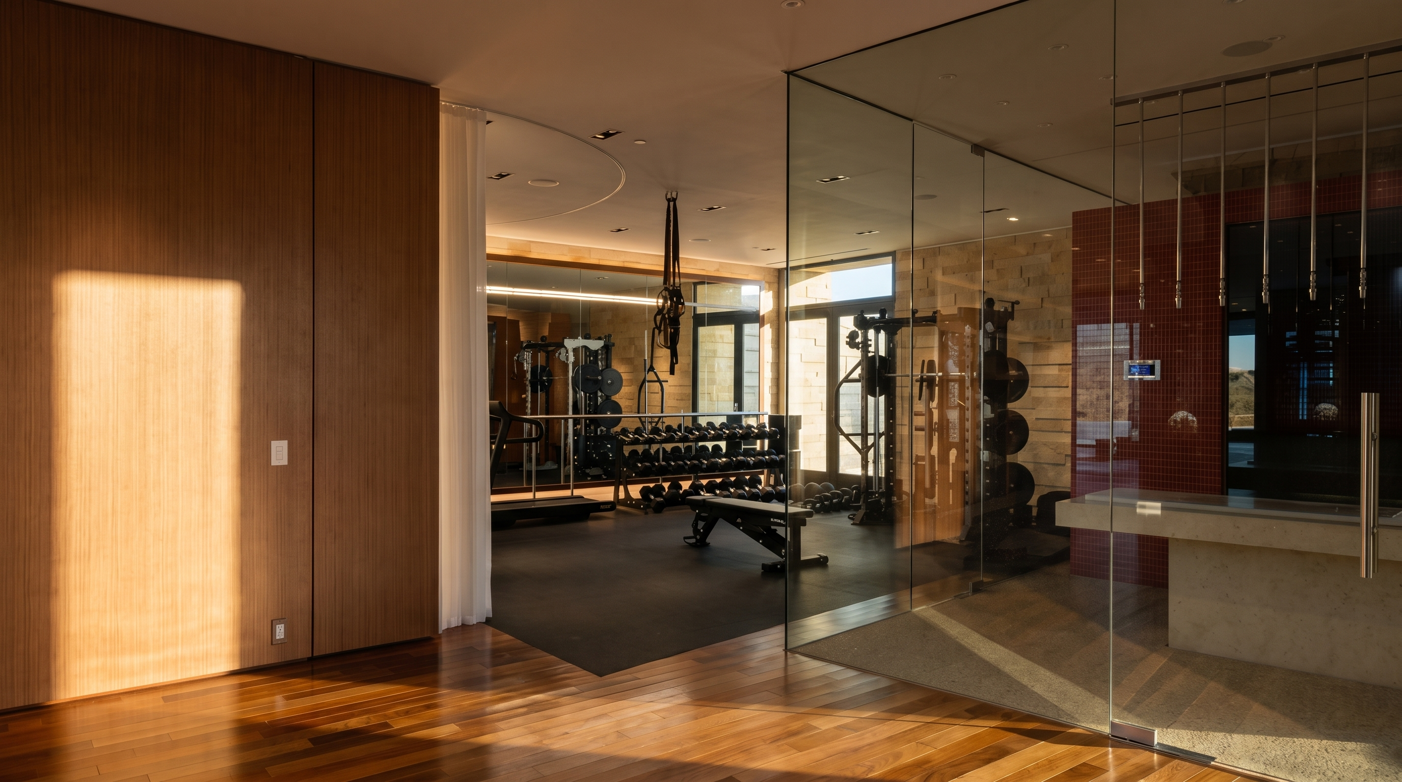 This modern home gym features a spacious workout area with dark rubber flooring, a variety of weight training equipment, and a large mirror wall that enhances the sense of space. To the right, a glass-enclosed room with red tiled walls and a stone bench suggests a sauna or steam room, adding a luxury wellness element. The foreground showcases polished wood flooring, creating a warm transition into the high-end fitness facility.