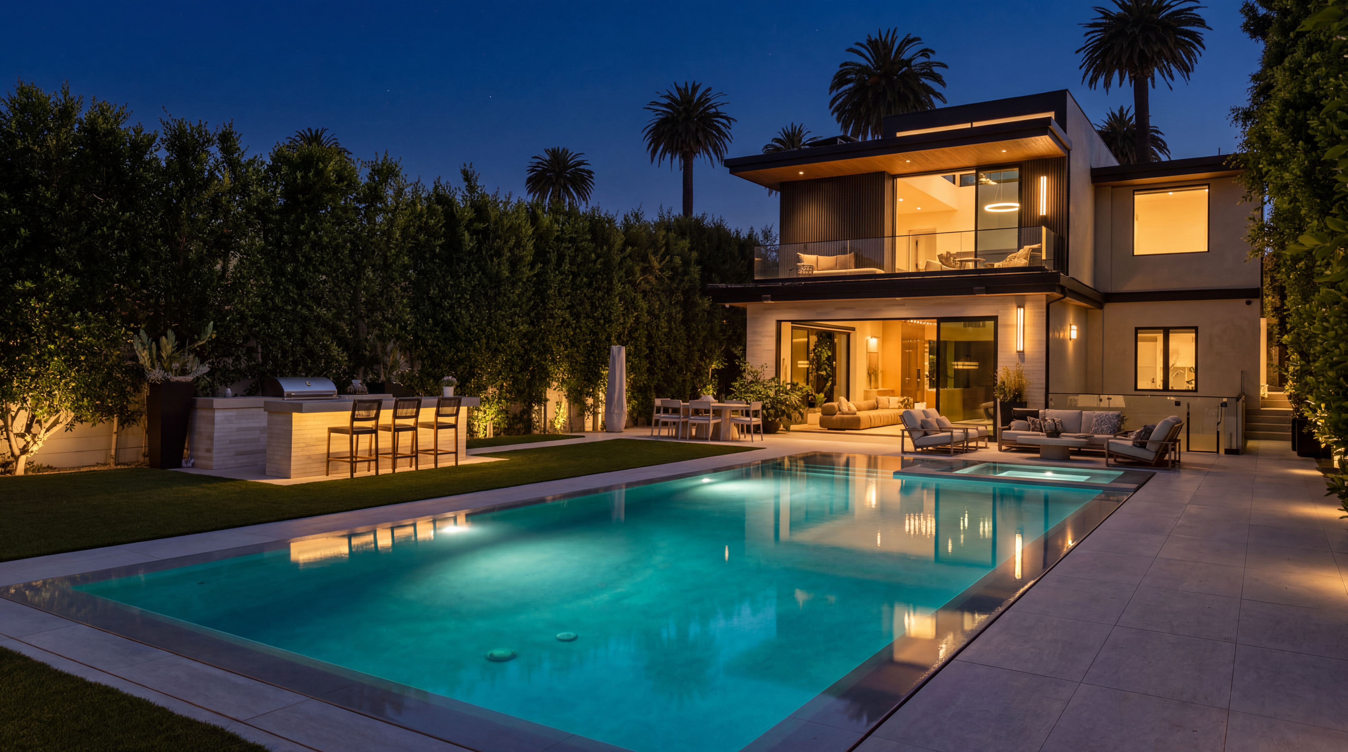 This modern, architecturally designed residence features a stunning rear outdoor living space at twilight, highlighted by a glowing swimming pool and an integrated spa. The home offers a multi-level layout with a spacious ground-floor patio perfect for entertaining, paired with a sleek second-story balcony. Surrounded by mature, illuminated palm trees and privacy-enhancing hedging, this property exudes a luxurious, resort-like atmosphere ideal for upscale living.