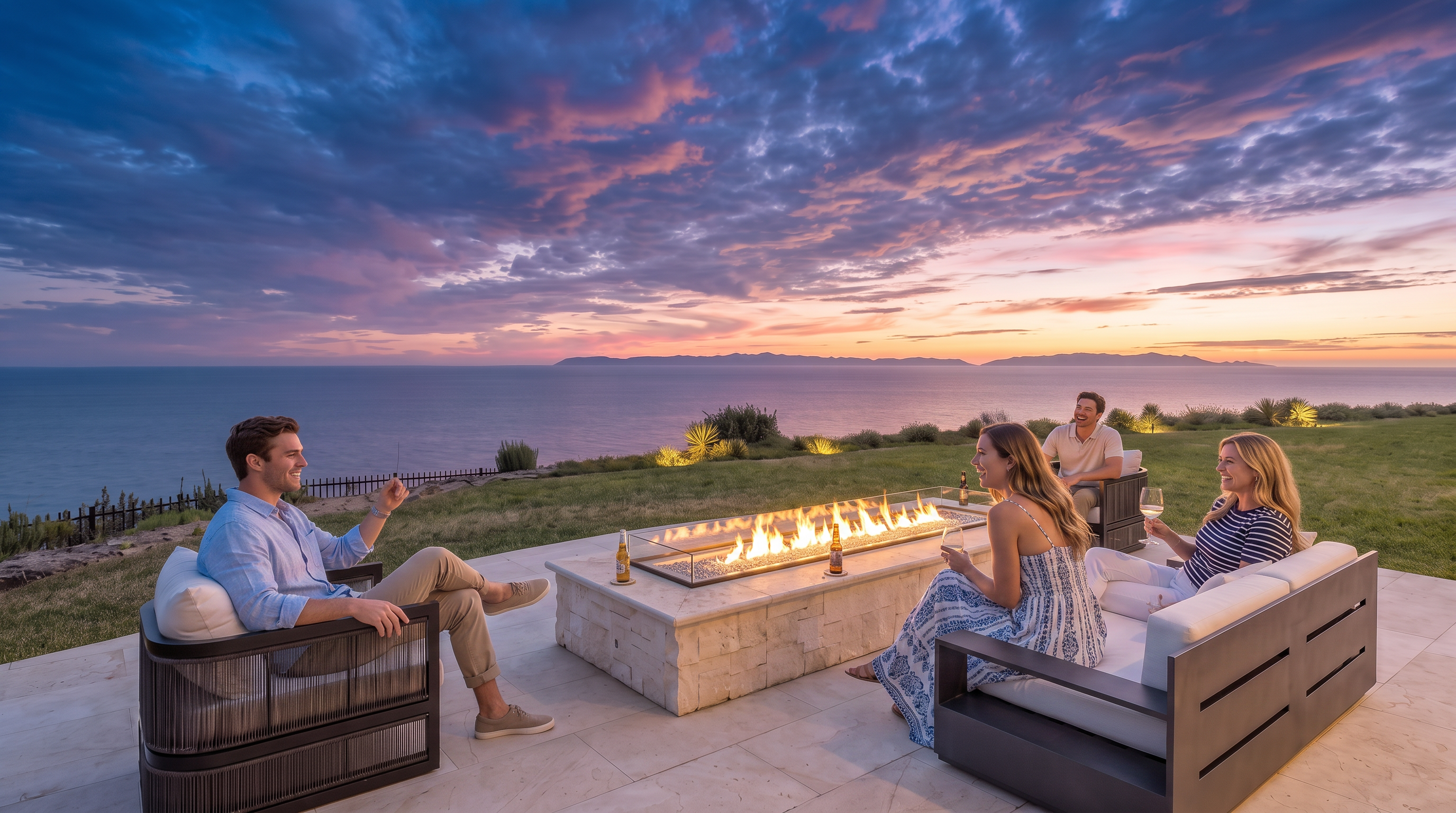 This expansive stone patio offers a luxurious outdoor living space featuring a central rectangular fire pit with a glass wind guard. The area is furnished with modern, neutral-toned lounge seating, perfectly positioned to take advantage of the panoramic ocean views. The scene is set against a backdrop of a clear blue sky and a grassy lawn that transitions seamlessly into the coastal horizon.