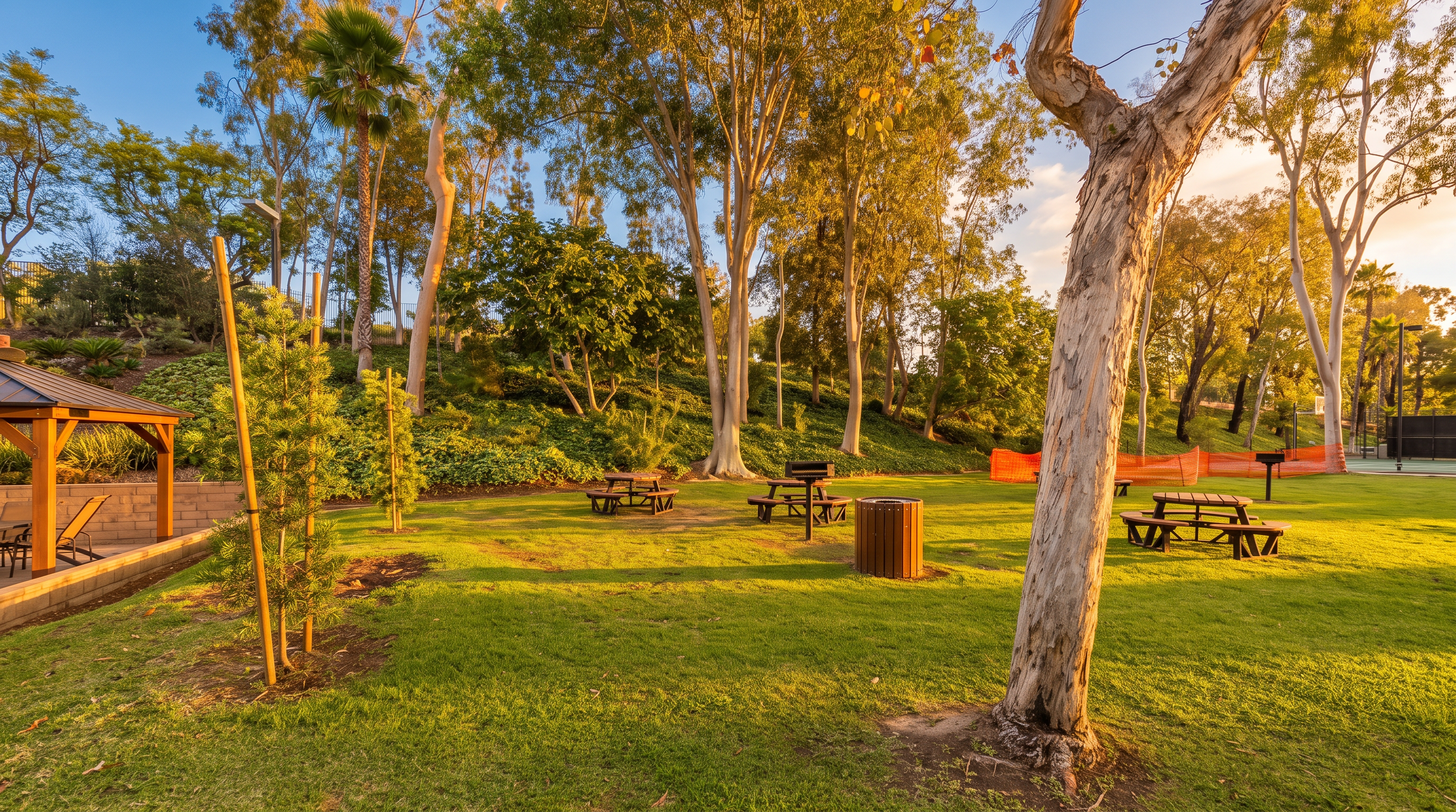 This communal outdoor park area features a well-maintained lawn with several picnic tables and a trash receptacle, making it an inviting space for gatherings. The park is surrounded by mature trees and lush landscaping, providing a serene environment for residents. A covered patio area and partial view of recreational space suggest it is a shared amenity for a housing community.