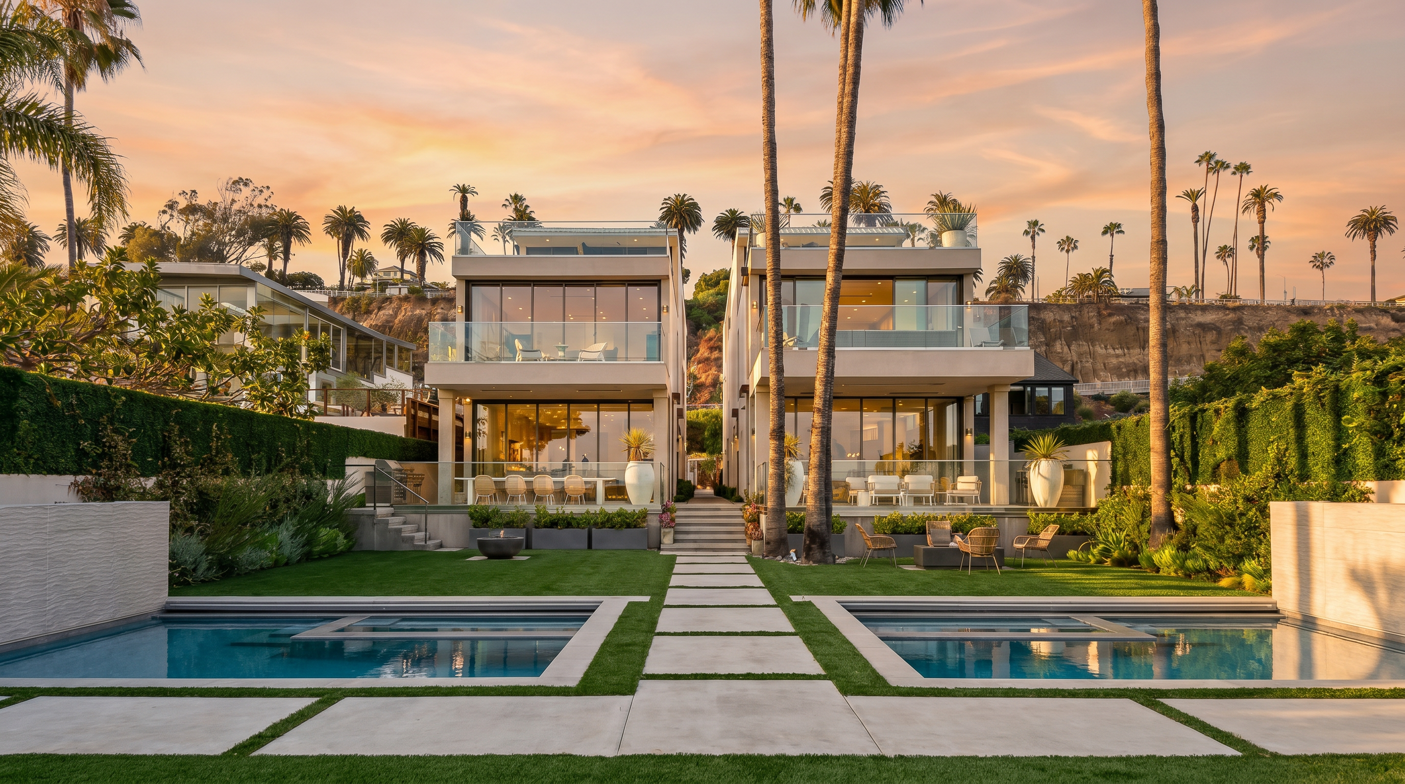 This rear view captures two modern, multi-story residences featuring expansive glass walls and sleek, contemporary architecture. A central stone pathway leads through a manicured lawn toward the homes, flanked by two symmetrical swimming pools with integrated spas. Tall palm trees frame the scene, which is set against a natural hillside backdrop, creating a luxurious and serene outdoor living environment.