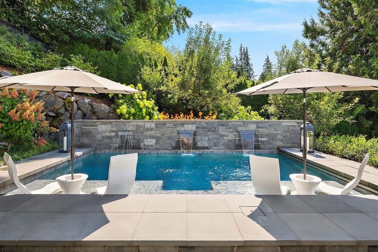 This luxurious outdoor space features a rectangular swimming pool with three integrated water features cascading from a stacked-stone wall. Two white lounge chairs are positioned in the shallow end under matching beige umbrellas, creating a serene and inviting atmosphere. The scene is framed by lush green trees and a fire feature glowing atop the stone wall, offering a sophisticated and private backyard retreat.