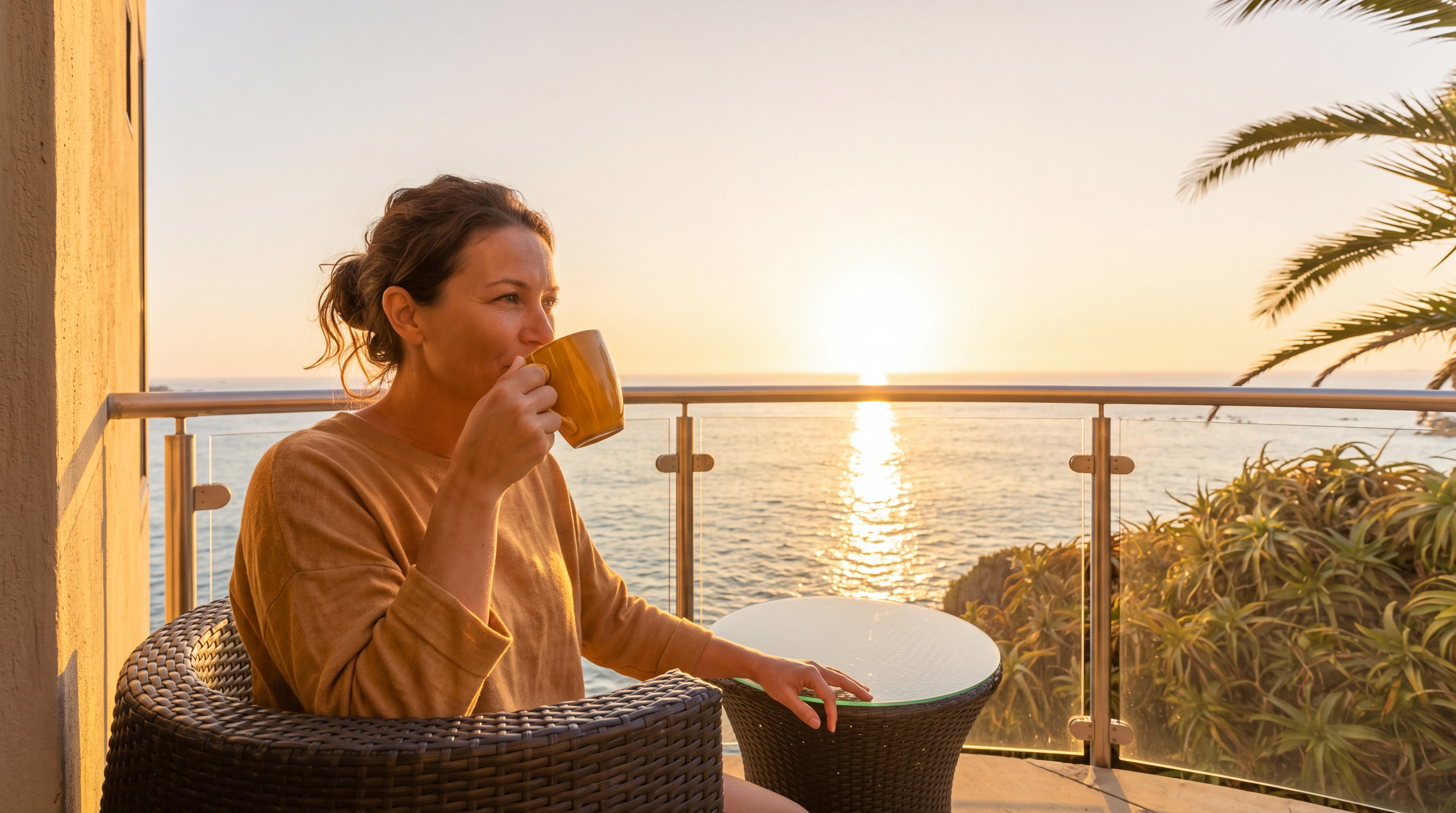 This balcony offers a stunning, unobstructed panoramic view of the ocean, featuring a curved glass railing with metal supports. The space is furnished with a dark, woven outdoor chair and a matching small side table, set upon light-toned stone pavers. To the right, lush green plants add a natural touch, while the clear blue sky and horizon create a serene and expansive atmosphere.