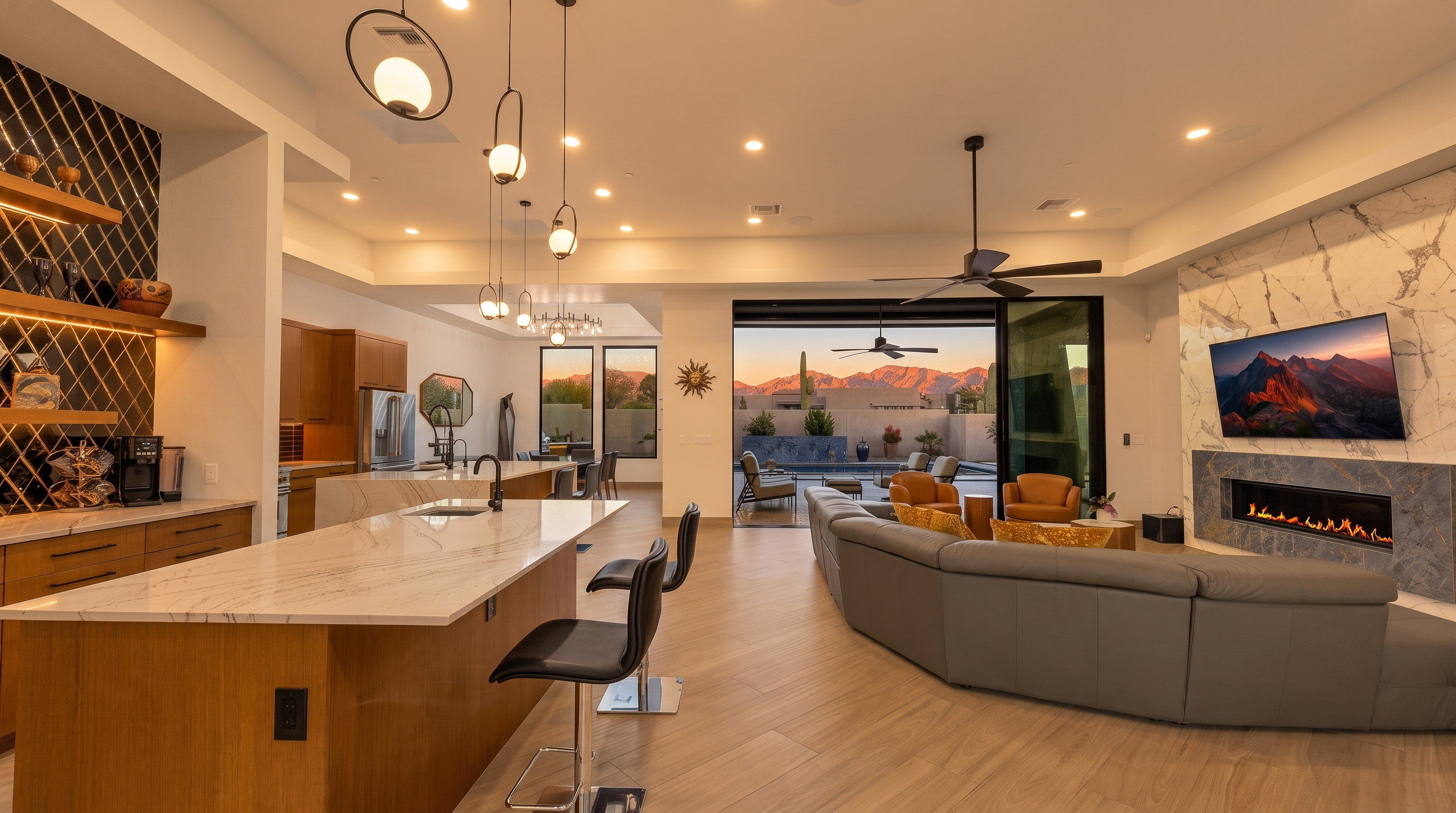 This open-concept living space seamlessly blends a modern kitchen with a spacious lounge area, featuring a large gray sectional sofa and a stone-clad chimney breast housing a linear fireplace. The room is anchored by a kitchen island with bar seating and illuminated by contemporary pendant lighting, while a wide opening leads to an outdoor patio with mountain views. The aesthetic is sleek and contemporary, characterized by light wood-toned flooring and a neutral color palette that emphasizes the expansive, airy layout.