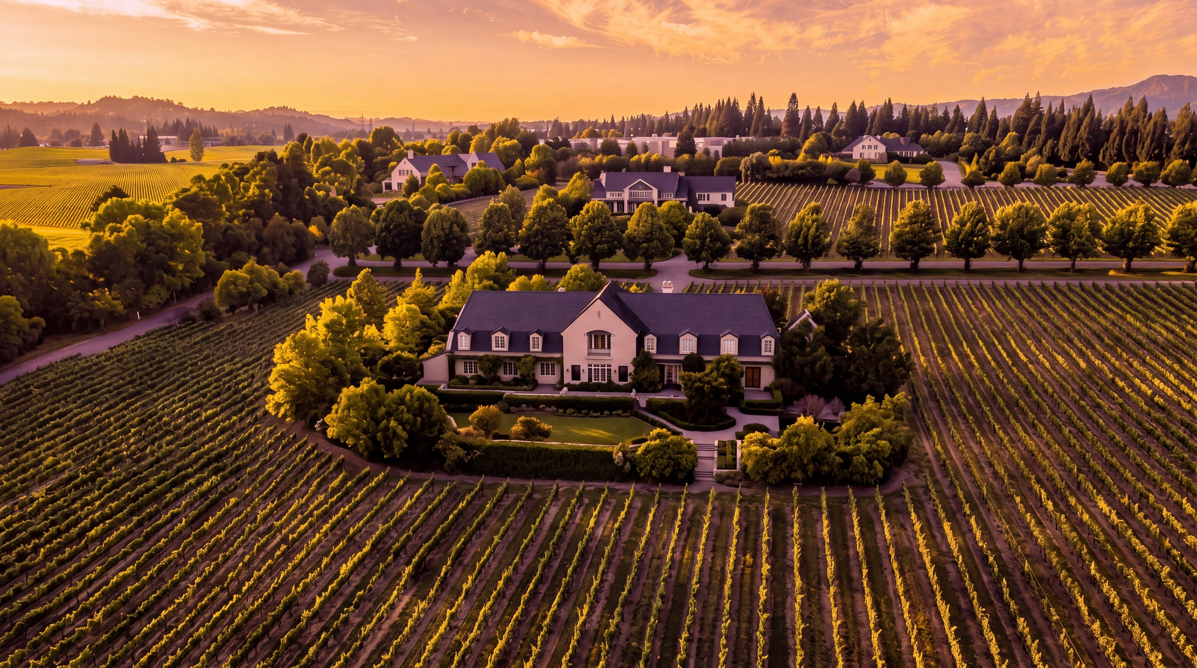 This stunning aerial view captures a sprawling estate nestled within a picturesque vineyard at sunset. The property features a large, traditional-style main house with a dark pitched roof, complemented by immaculately landscaped gardens and mature trees. The surrounding rows of grapevines and the warm golden hour lighting create an inviting and luxurious atmosphere typical of premium wine country real estate.