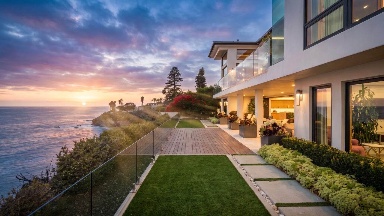 This stunning contemporary residence features a seamless indoor-outdoor transition with a spacious wooden deck and manicured lawn overlooking the ocean. The home showcases modern architectural lines, expansive glass walls, and a glass-railed balcony that maximizes the dramatic coastal views. The setting is serene and luxurious, highlighting a prime cliffside location perfect for sunset entertaining.