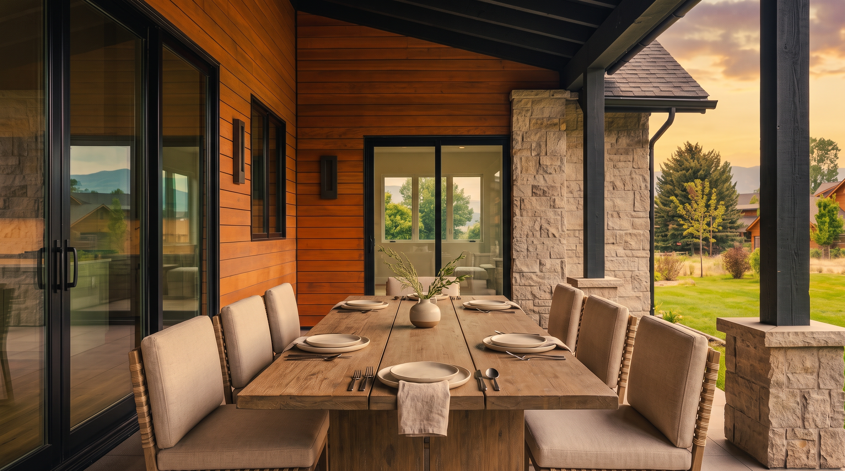 This modern, covered patio features a sophisticated outdoor living area complete with a linear stone fire pit, comfortable lounge seating, and a dining space. The design seamlessly blends indoor-outdoor living with large sliding glass doors leading to a pristine kitchen and a lush, expansive backyard. With its blend of natural wood siding, stone accents, and clean architectural lines, the space provides an elegant and tranquil setting for entertaining.